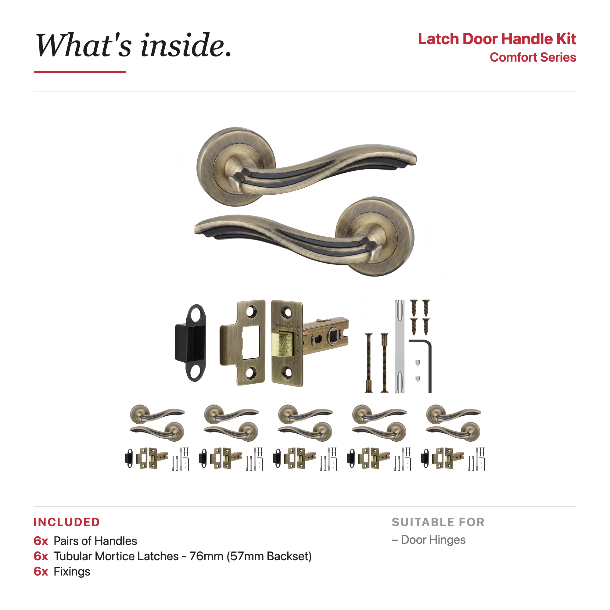 Solace Antique Brass Passage Door Lever Handles – showing what's included in the box