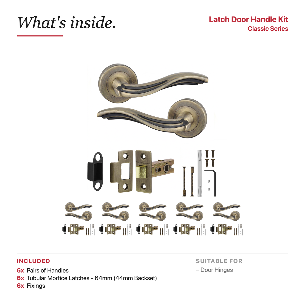 Solace Antique Brass Passage Door Lever Handles – showing what's included in the box