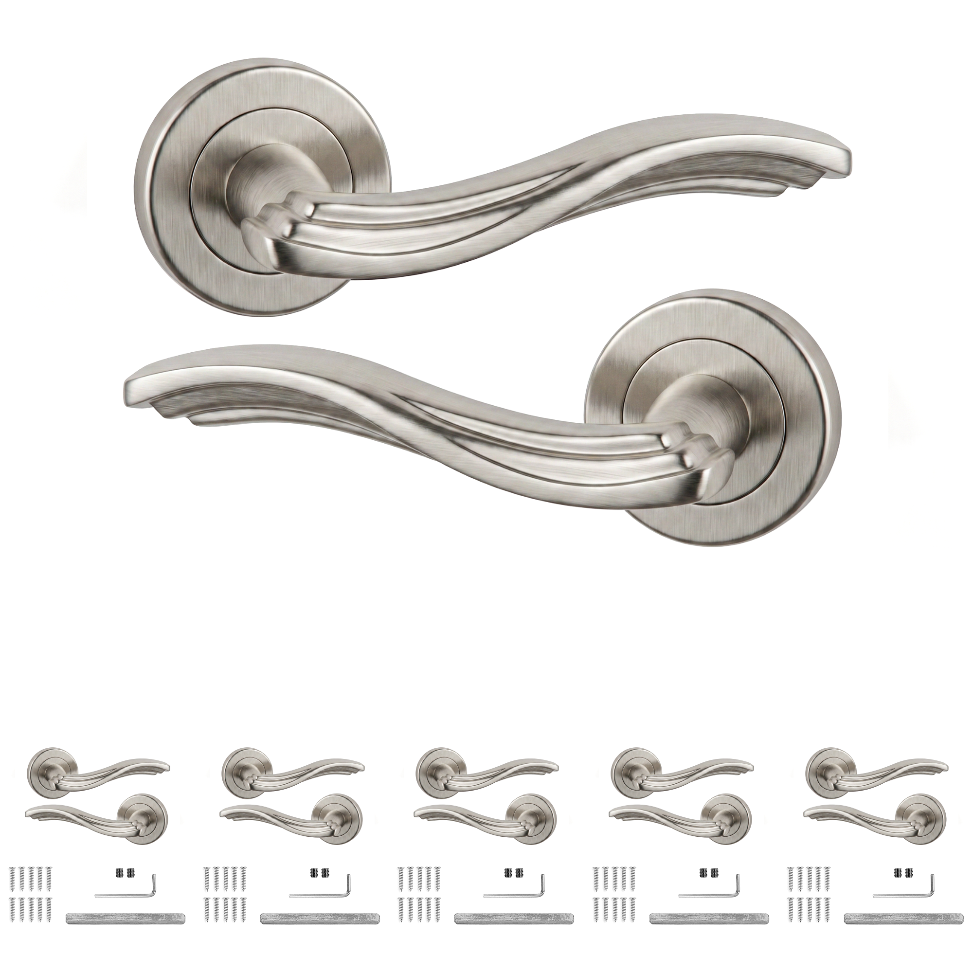 Solace Satin Nickel Door Lever Handles - Pack of 6 Pairs