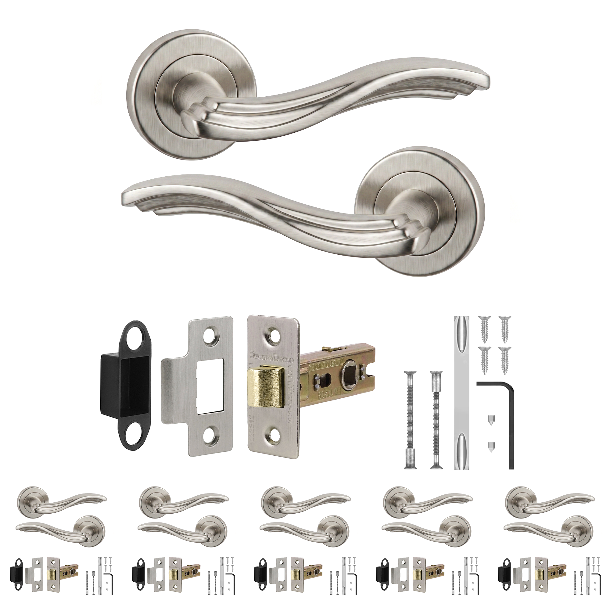 Solace Satin Nickel Passage Door Lever Handles - Latch Kit 76mm - Pack of 6