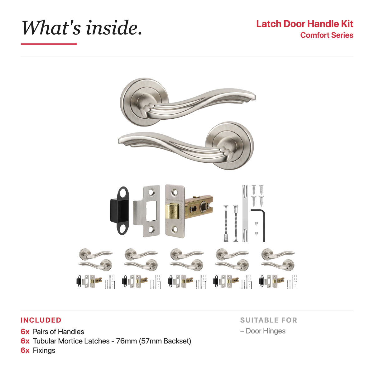 Solace Satin Nickel Passage Door Lever Handles – showing what's included in the box