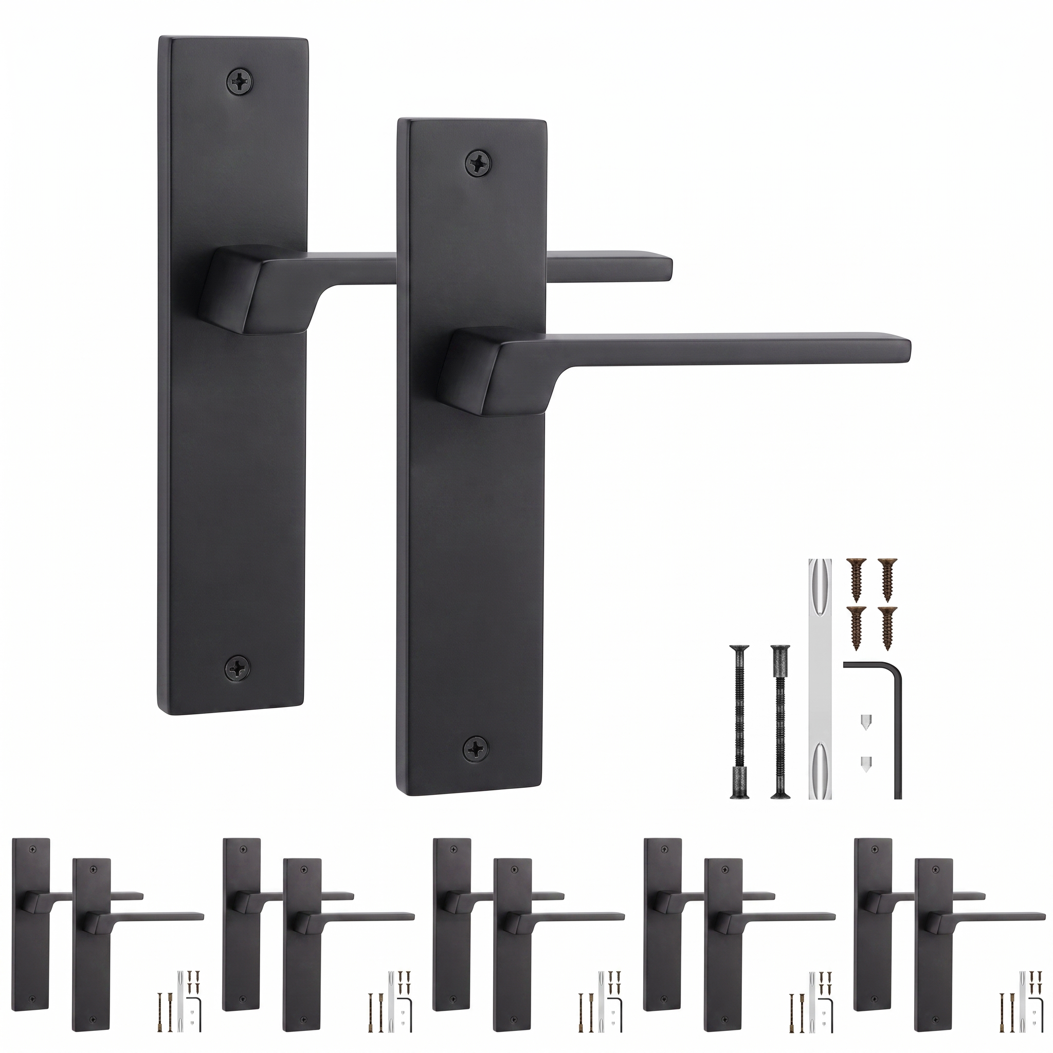 Spectra Matt Black Door Lever Handles on Backplate - Pack of 6 Pairs