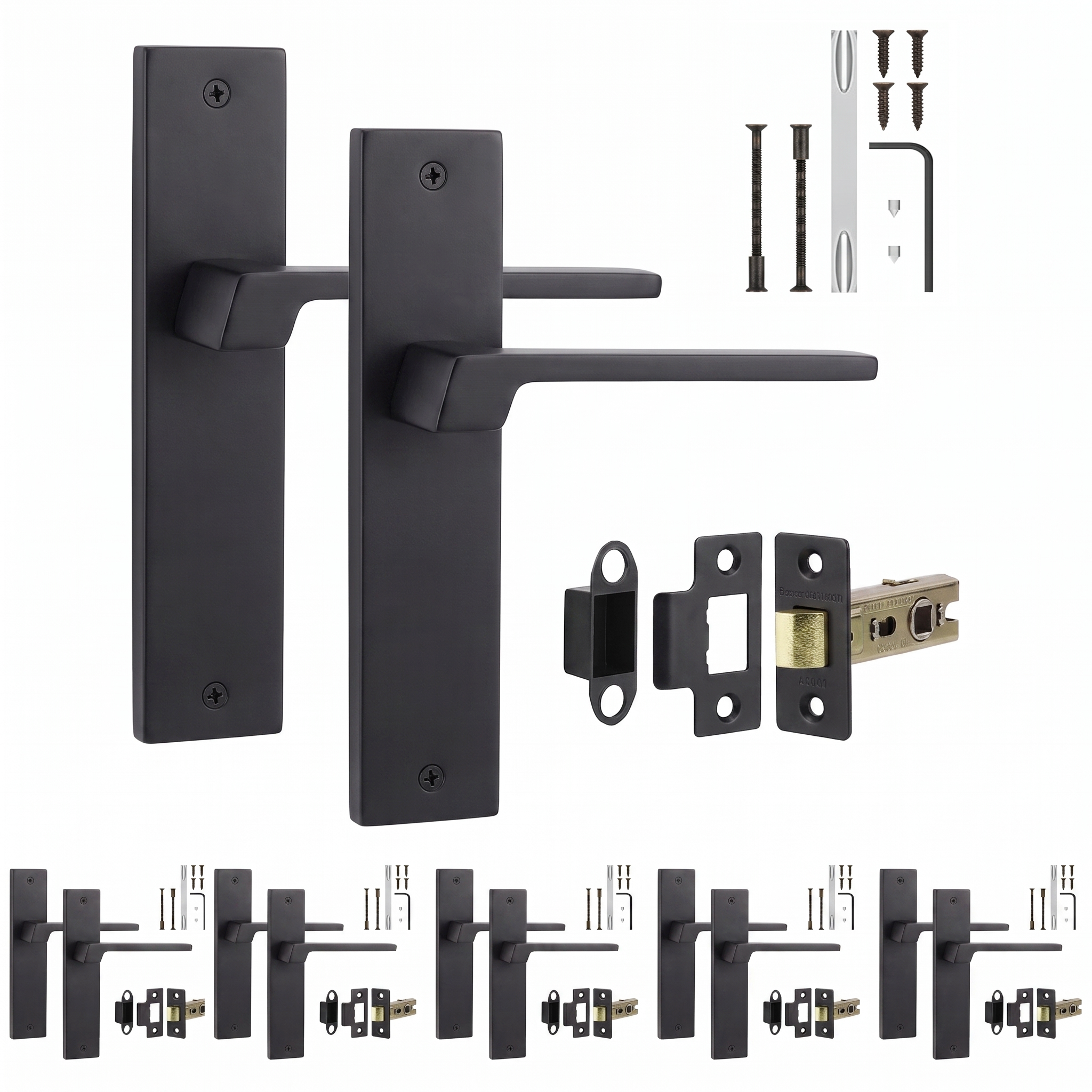 Spectra Matt Black Passage Door Lever Handles on Backplate - Latch Kit 76mm - Pack of 6