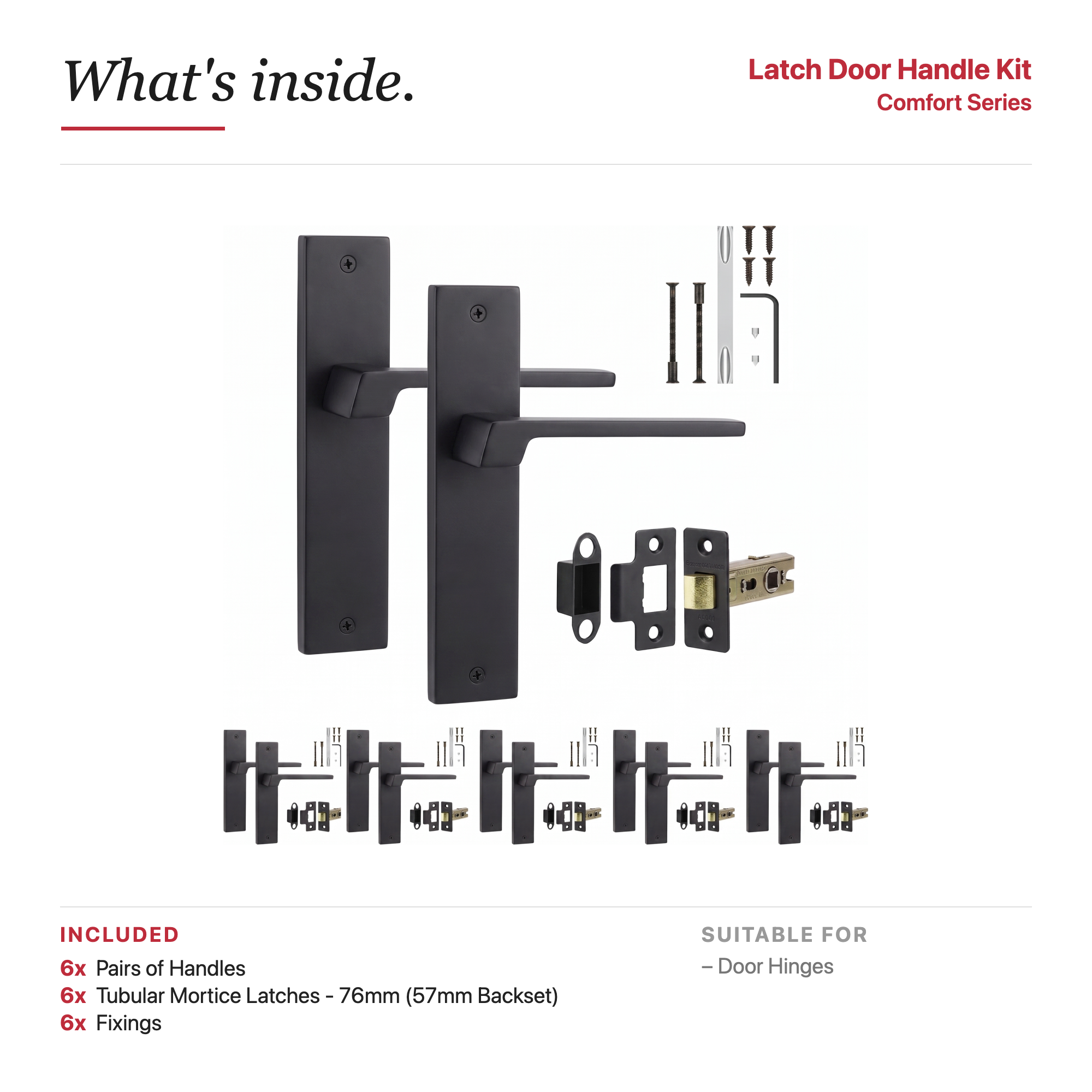 Spectra Matt Black Passage Door Lever Handles on Backplate – showing what's included in the box