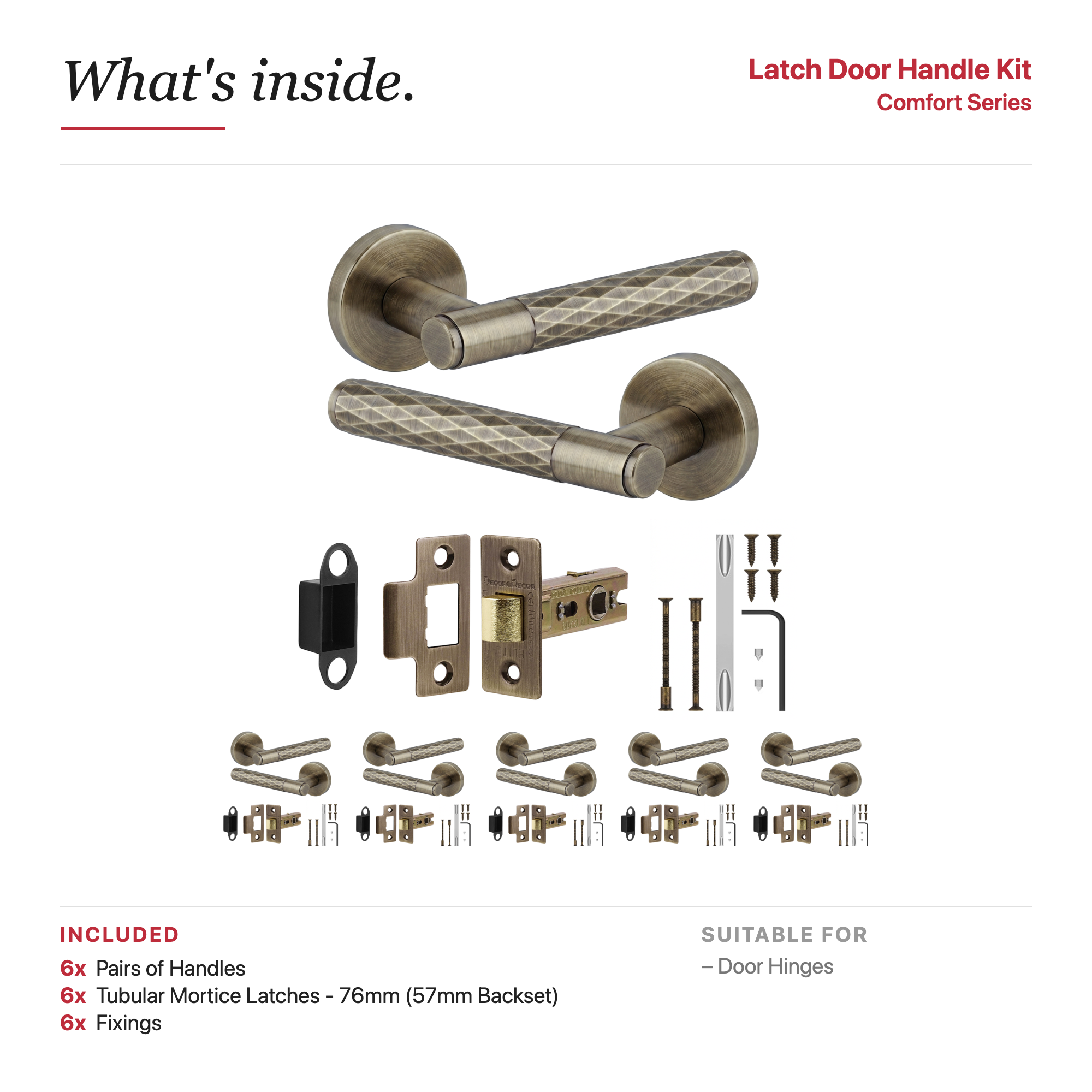 Tore Antique Brass Passage Door Lever Handles – showing what's included in the box