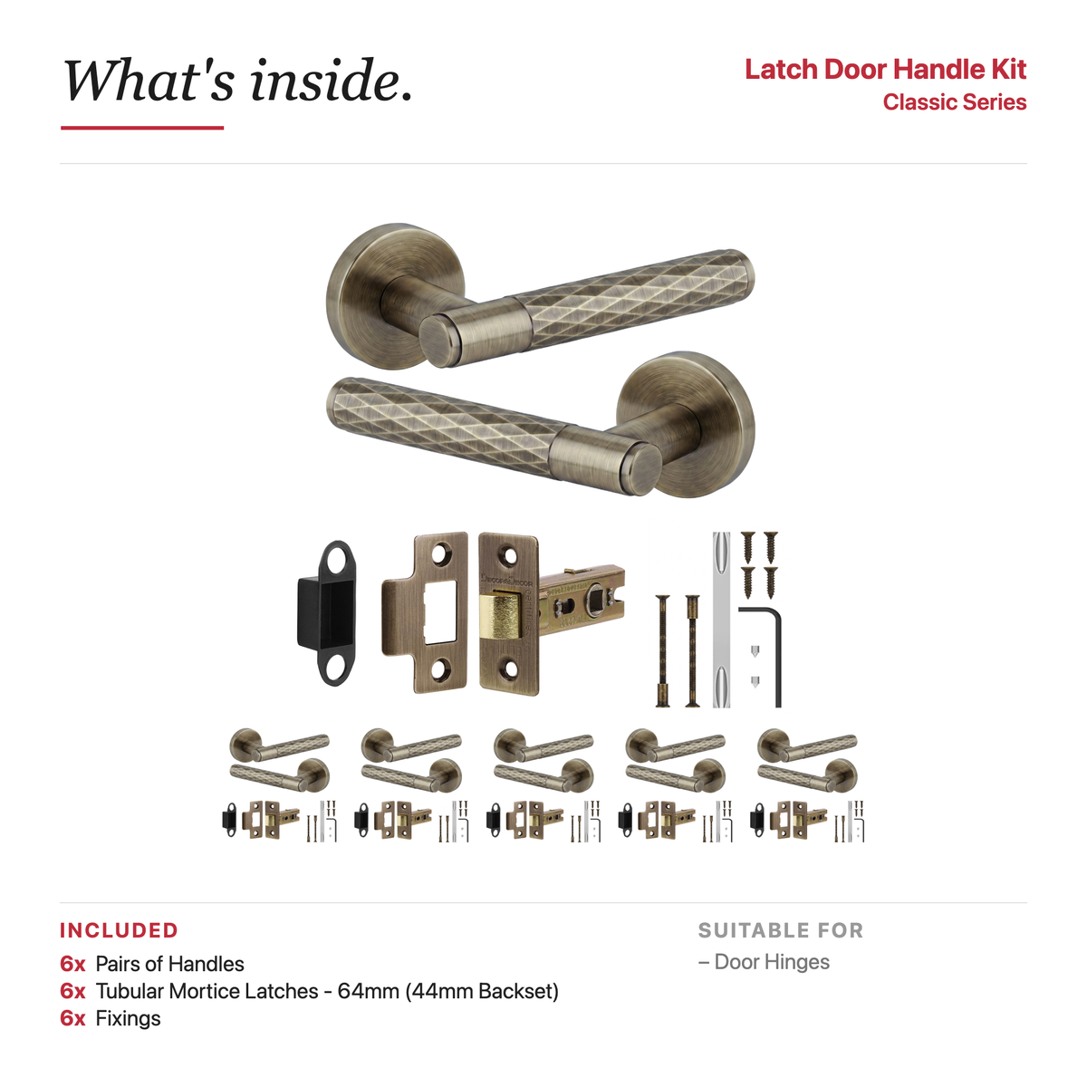 Tore Antique Brass Passage Door Lever Handles – showing what's included in the box