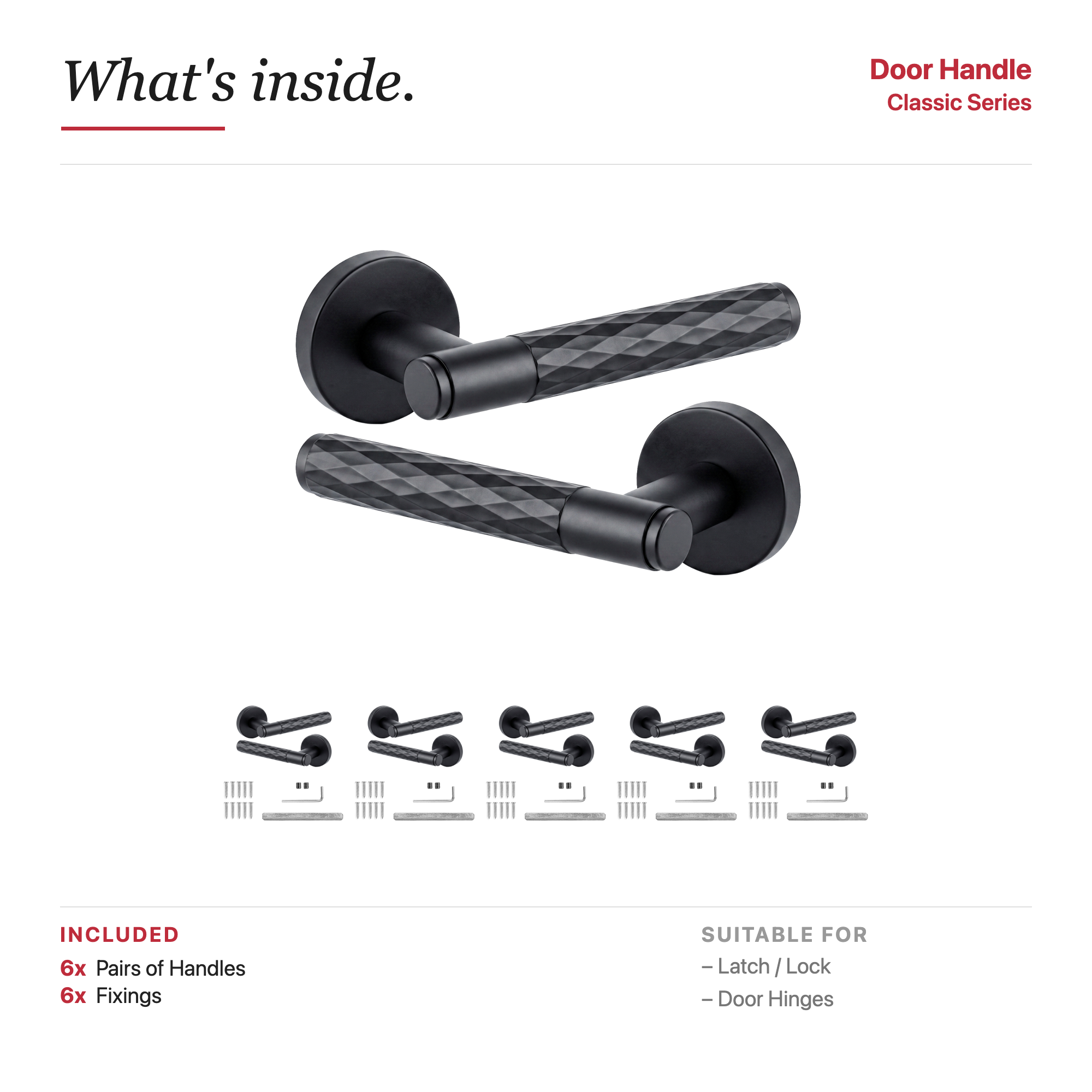 Tore Matt Black Door Lever Handles – showing what's included in the box