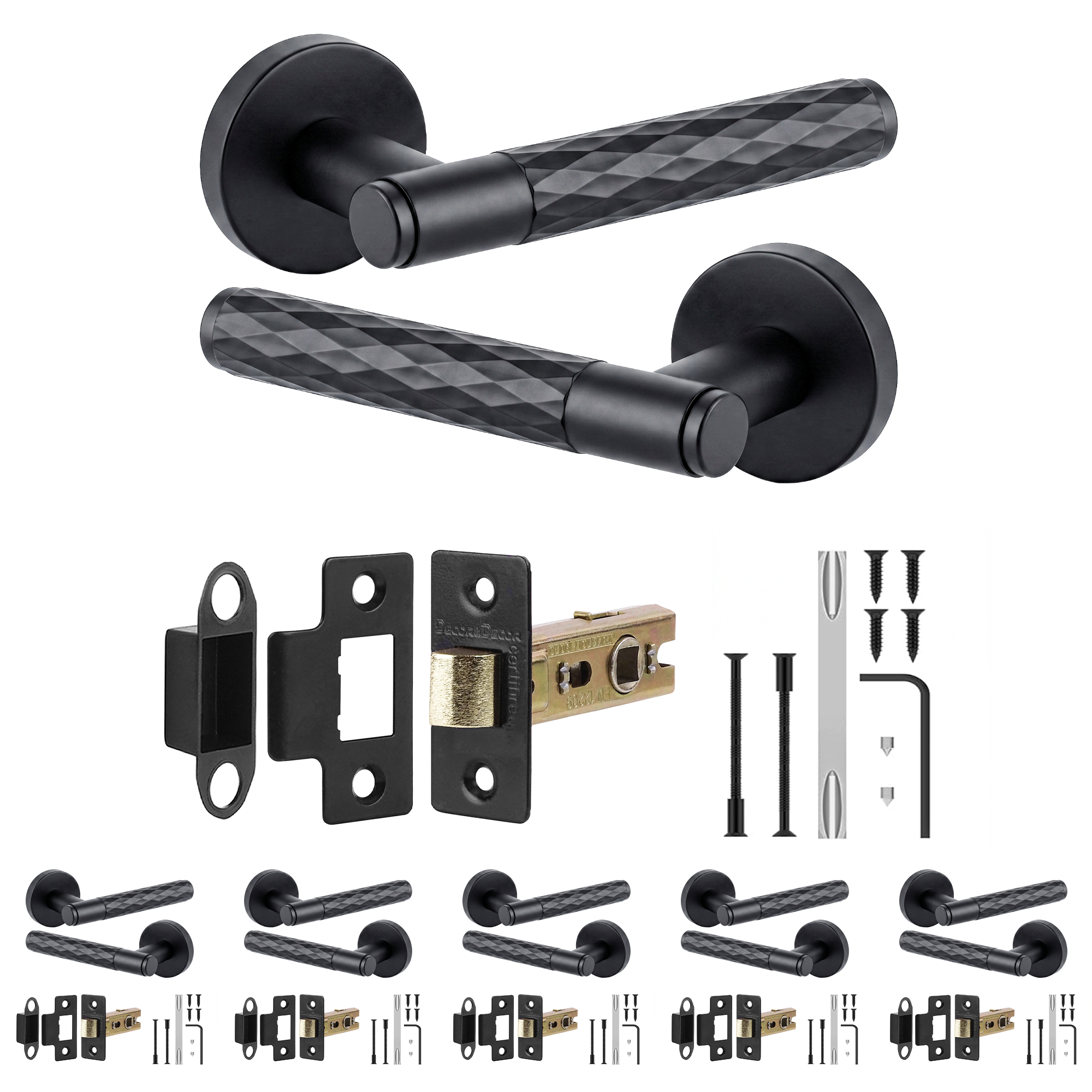 Tore Matt Black Passage Door Lever Handles - Latch Kit 76mm - Pack of 6