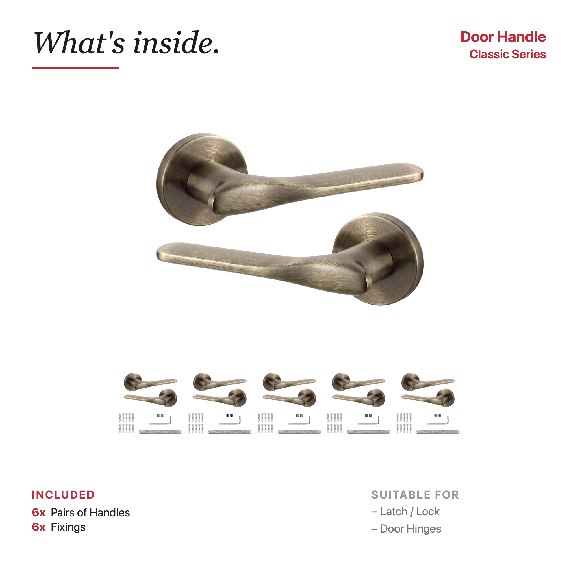 Verita Antique Brass Door Lever Handles – showing what's included in the box