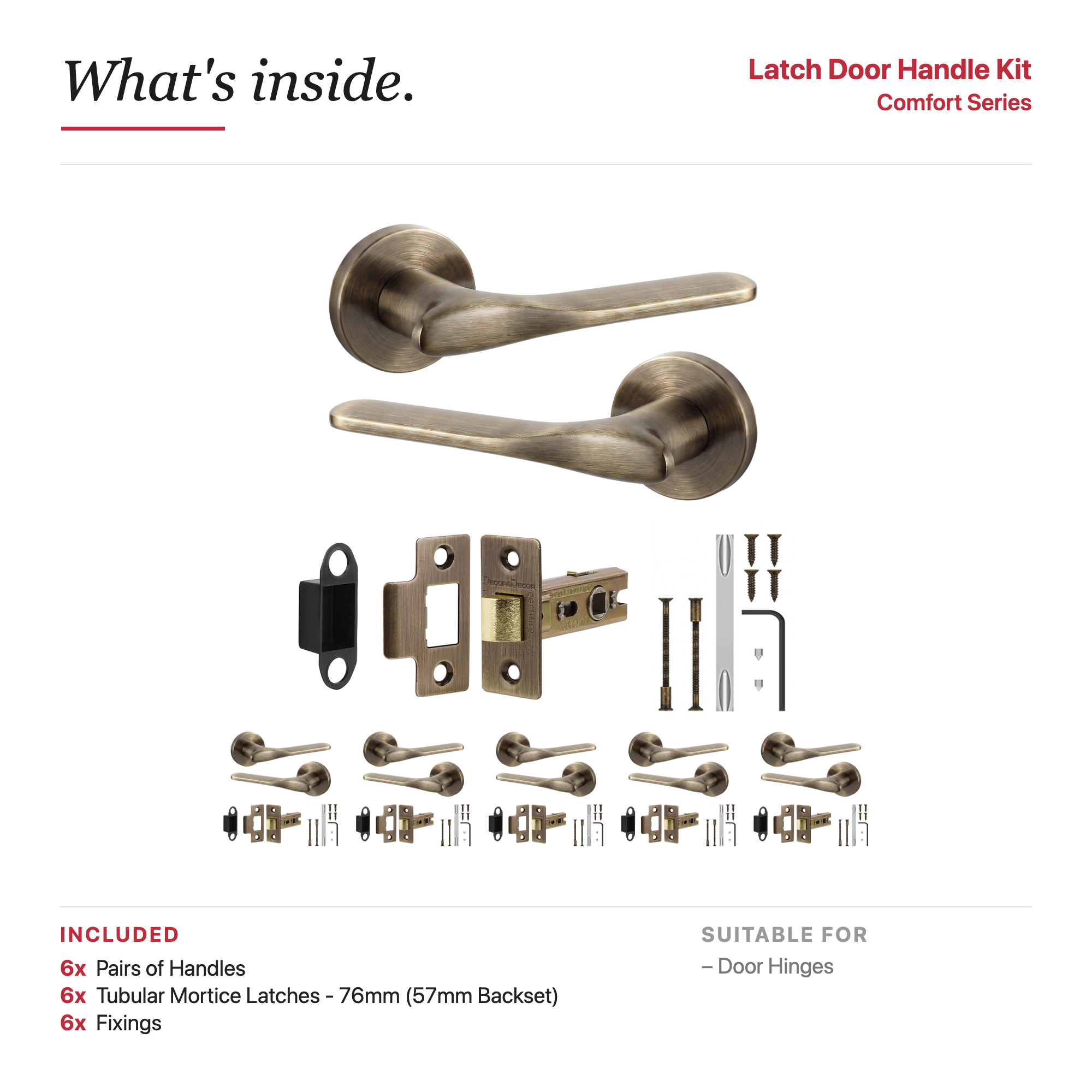 Verita Antique Brass Passage Door Lever Handles – showing what's included in the box
