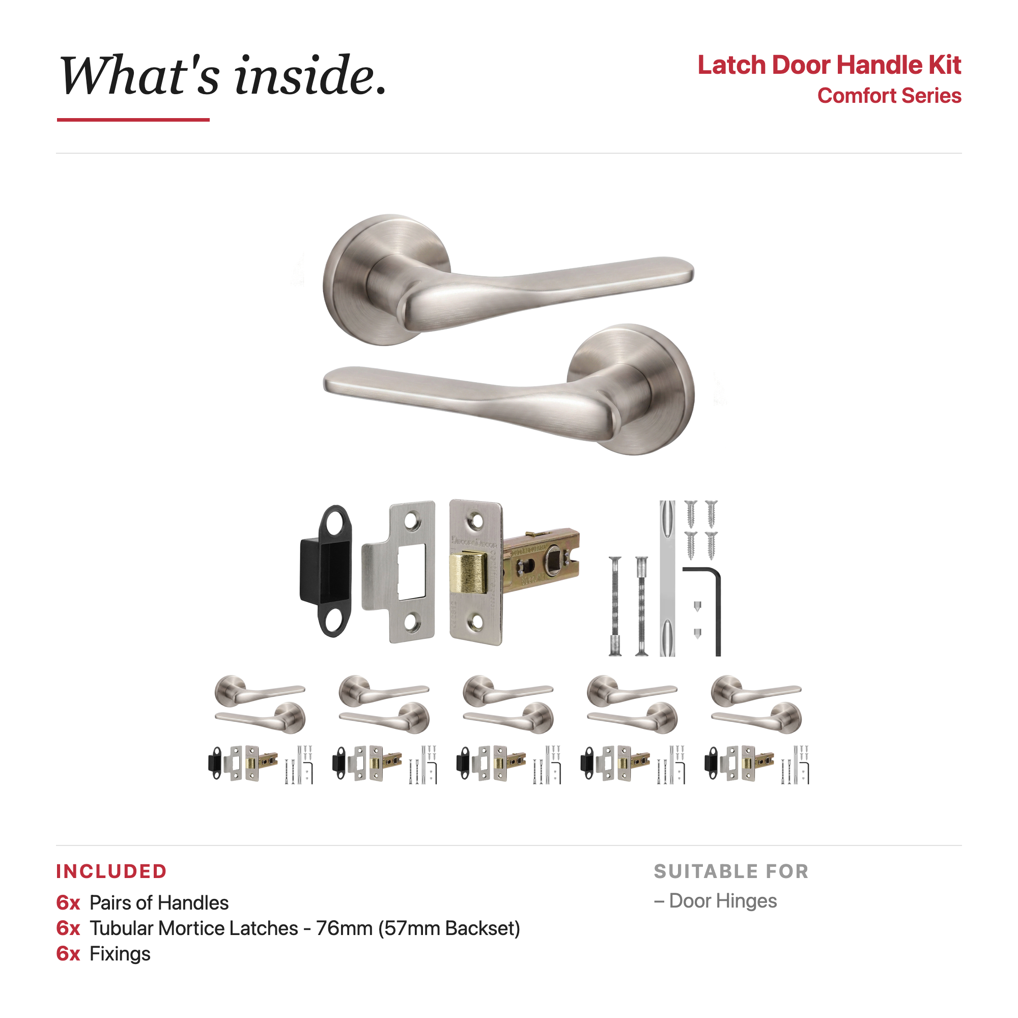 Verita Satin Nickel Passage Door Lever Handles – showing what's included in the box