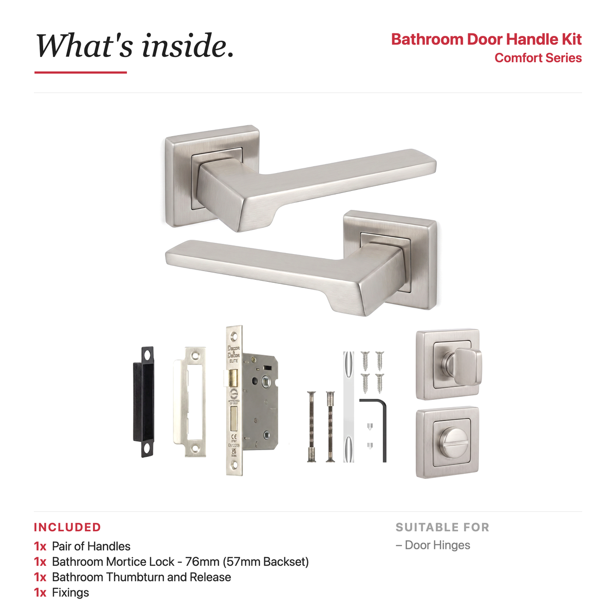 Spectra Satin Nickel Bathroom Door Lever Handles – showing what's included in the box