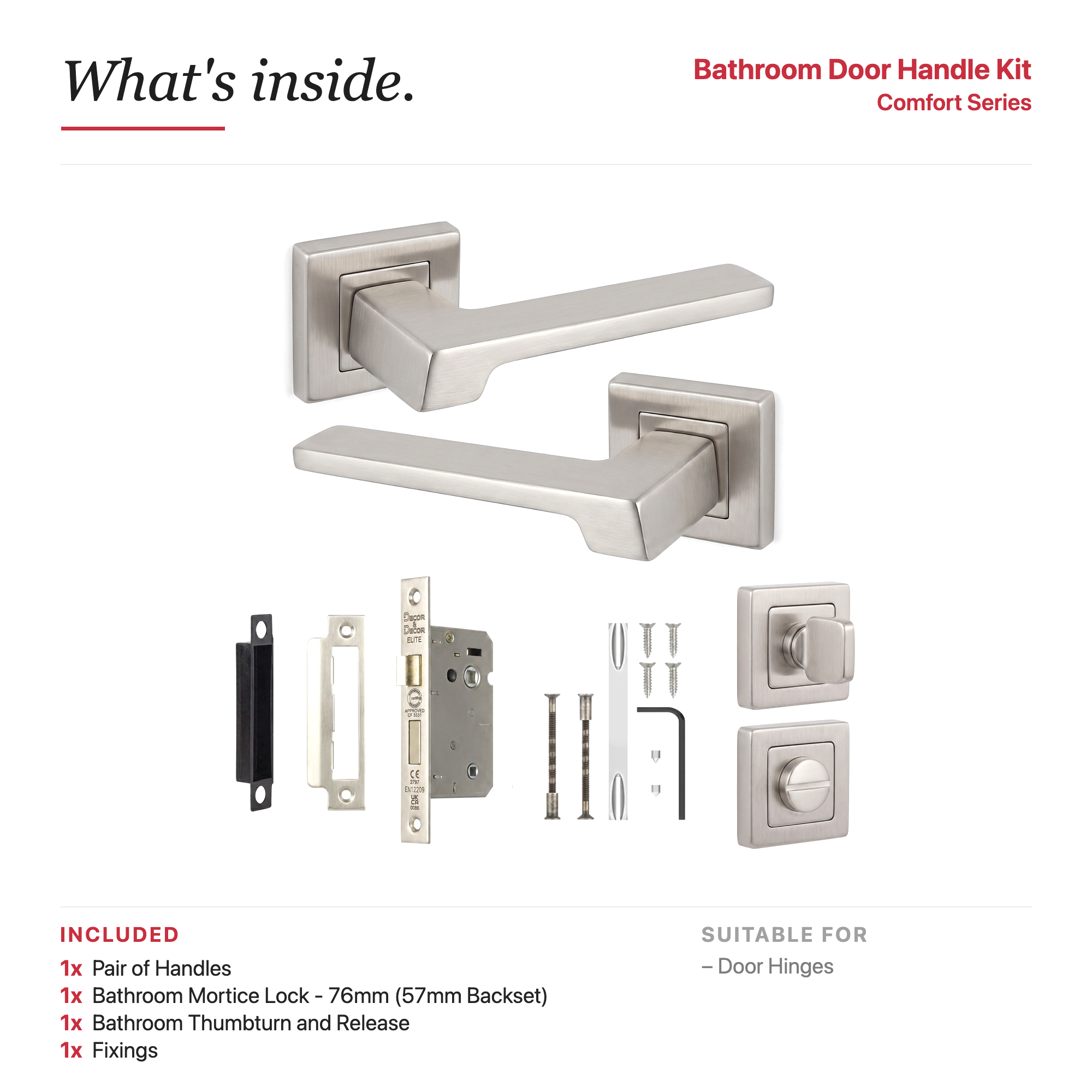 Spectra Satin Nickel Bathroom Door Lever Handles – showing what's included in the box