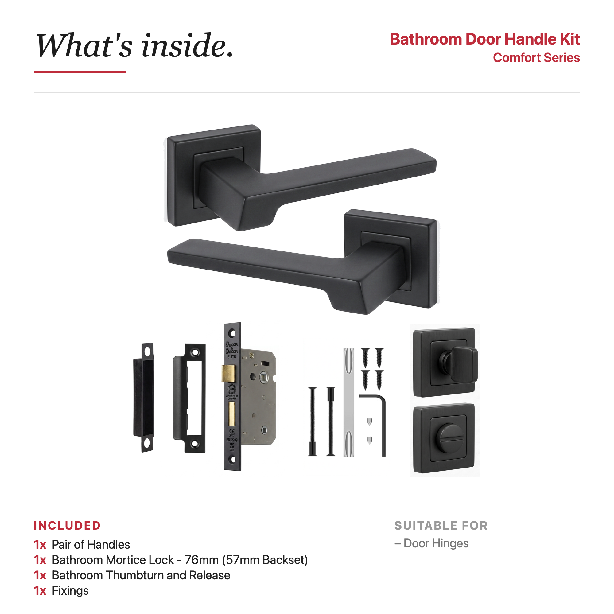 Spectra Matt Black Bathroom Door Lever Handles – showing what's included in the box