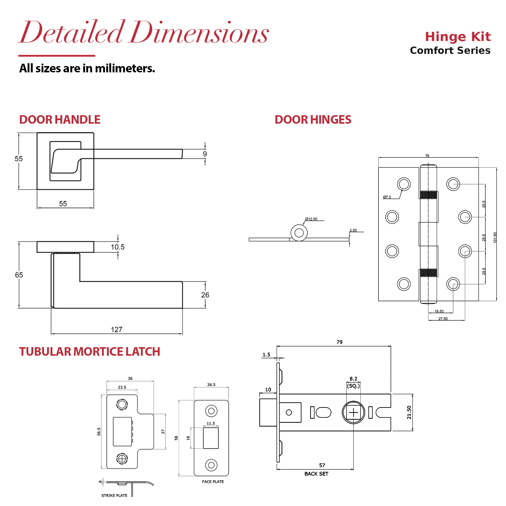 Spectra Matt Black Passage Door Lever Handles – dimensions and measurements diagram