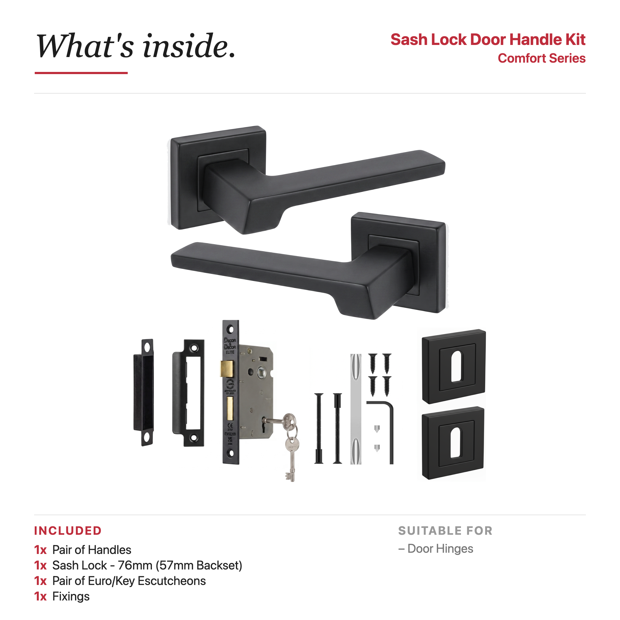 Spectra Matt Black Privacy Door Lever Handles – showing what's included in the box