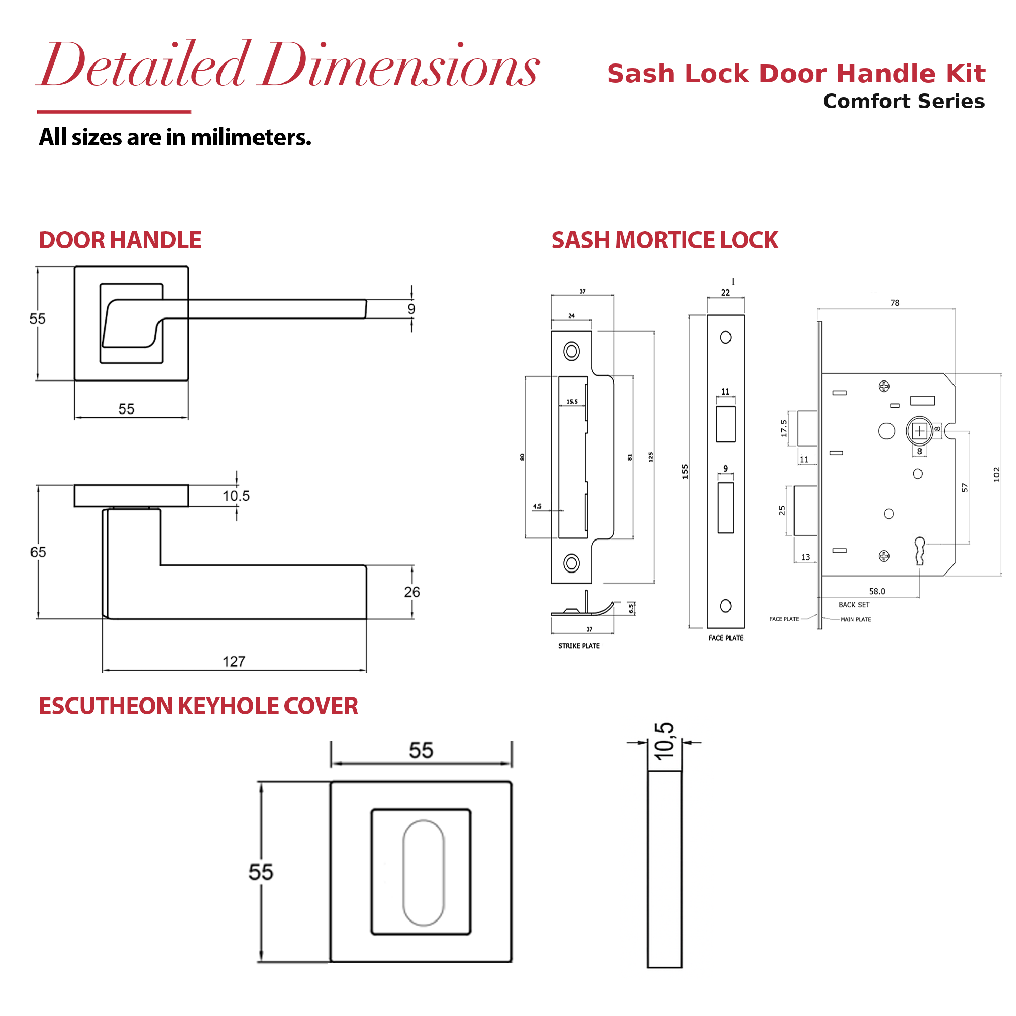 Spectra Matt Black Privacy Door Lever Handles – dimensions and measurements diagram