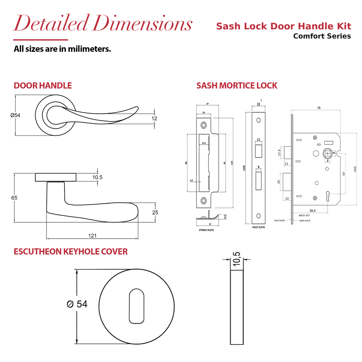 Nimbus Antique Brass Privacy Door Lever Handles – dimensions and measurements diagram