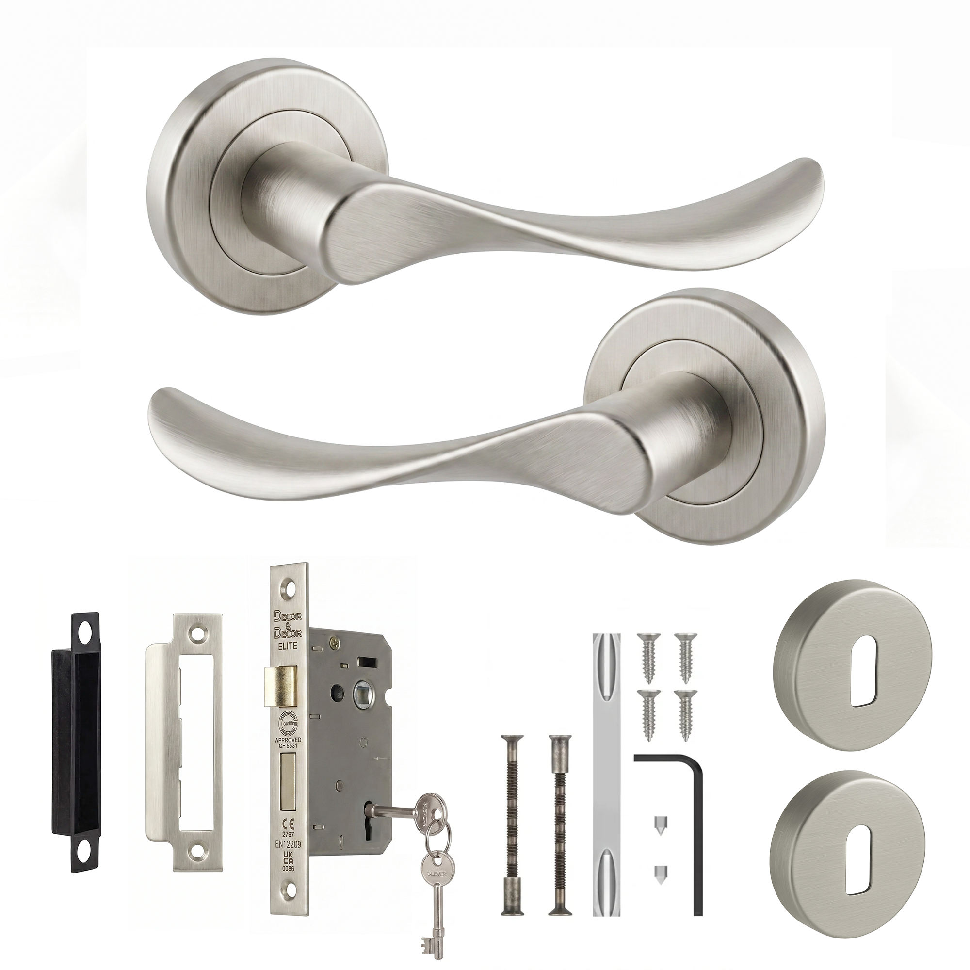 Nimbus Satin Nickel Privacy Door Lever Handles - Sash Lock Kit 76mm