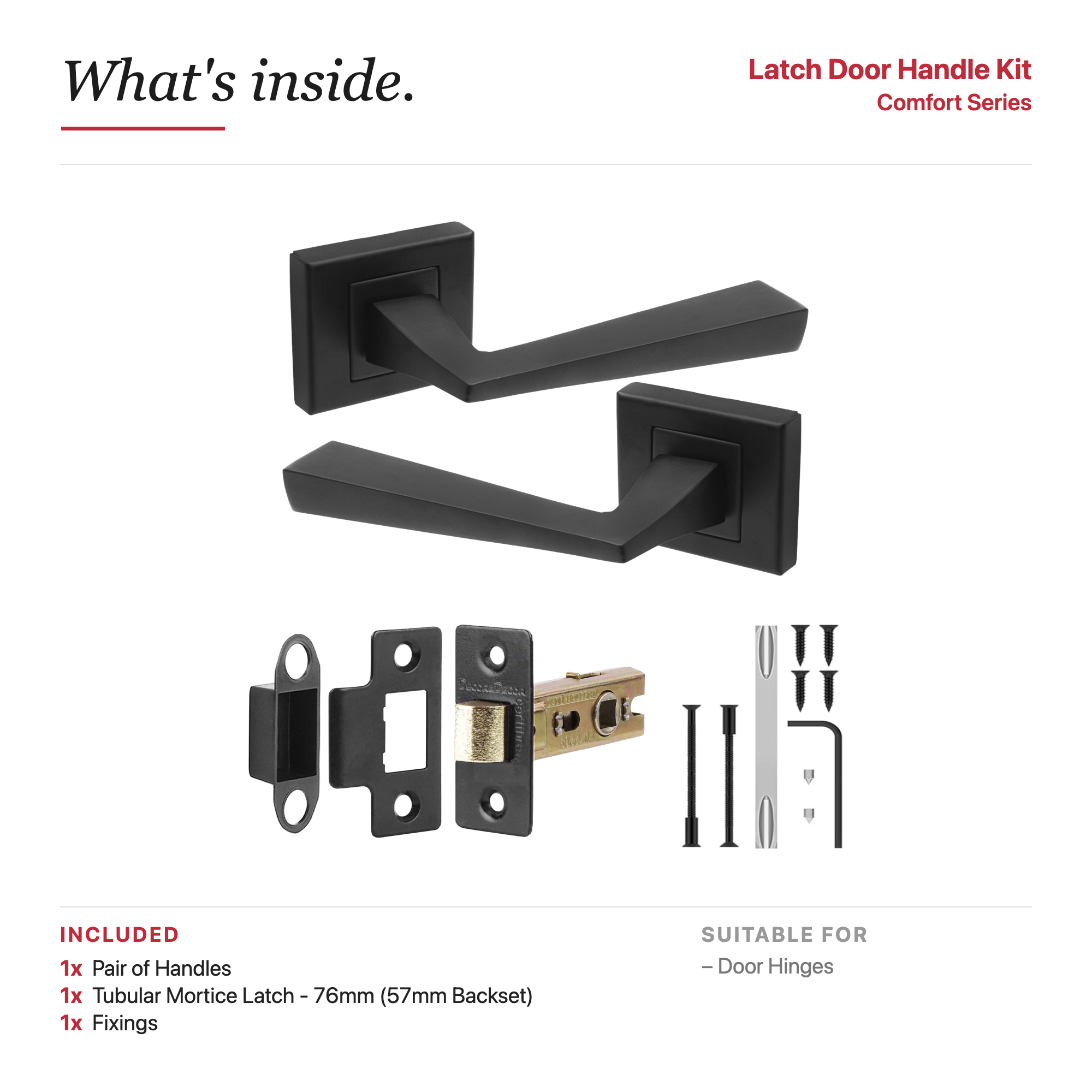 Helix Matt Black Passage Door Lever Handles – showing what's included in the box