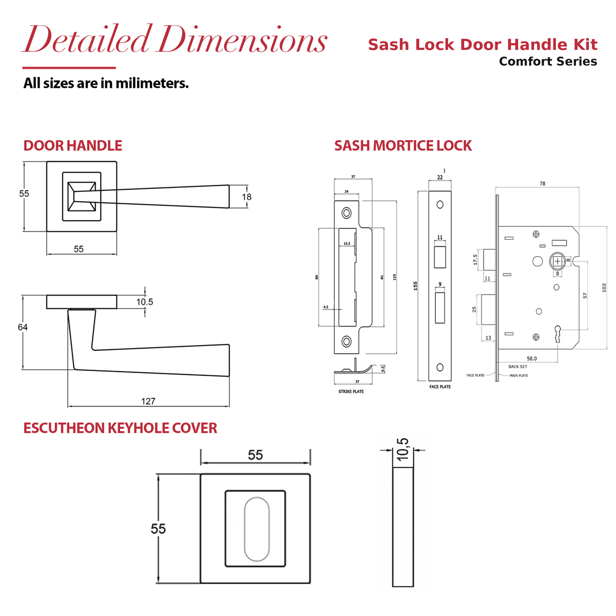 Helix Matt Black Privacy Door Lever Handles – dimensions and measurements diagram