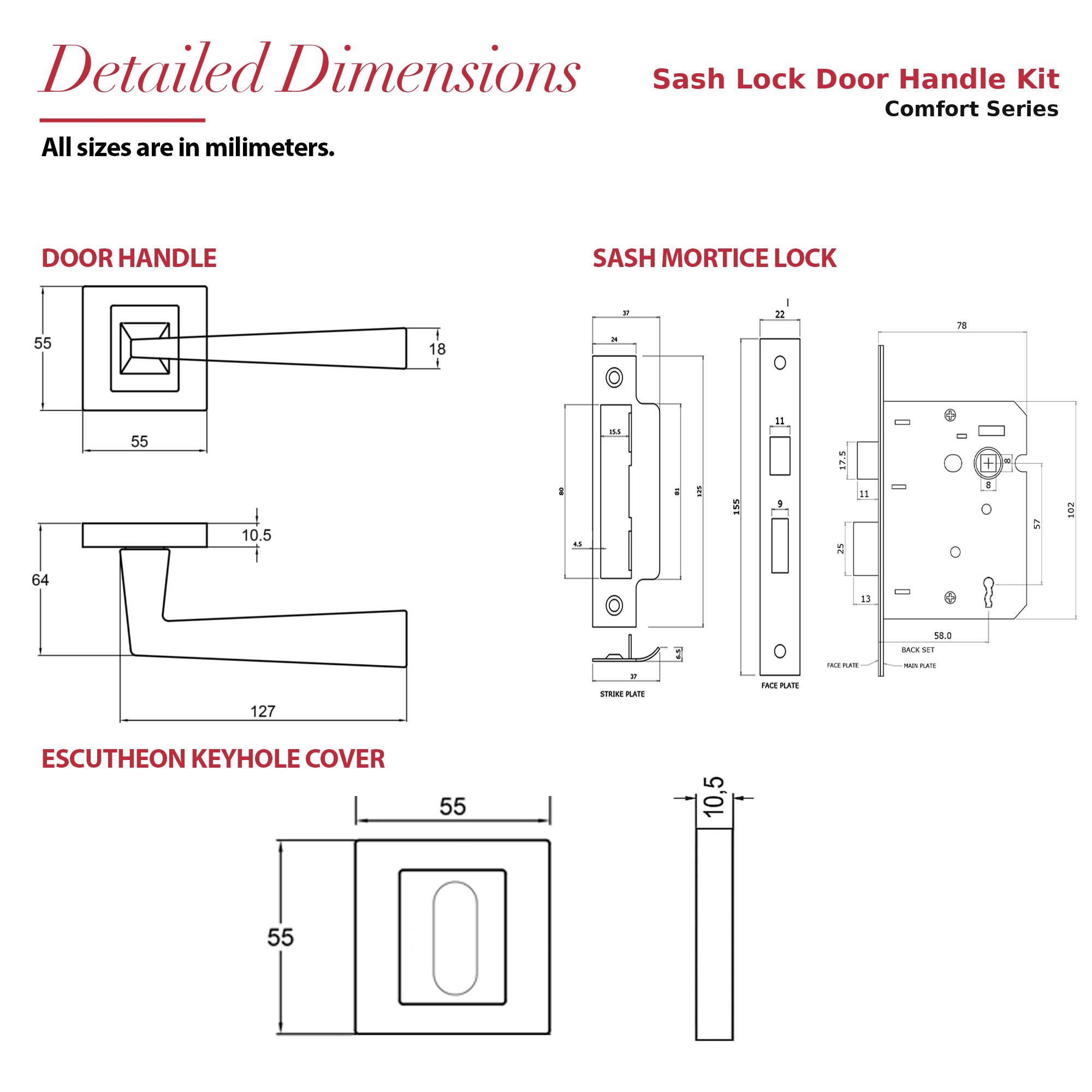 Helix Matt Black Privacy Door Lever Handles – dimensions and measurements diagram