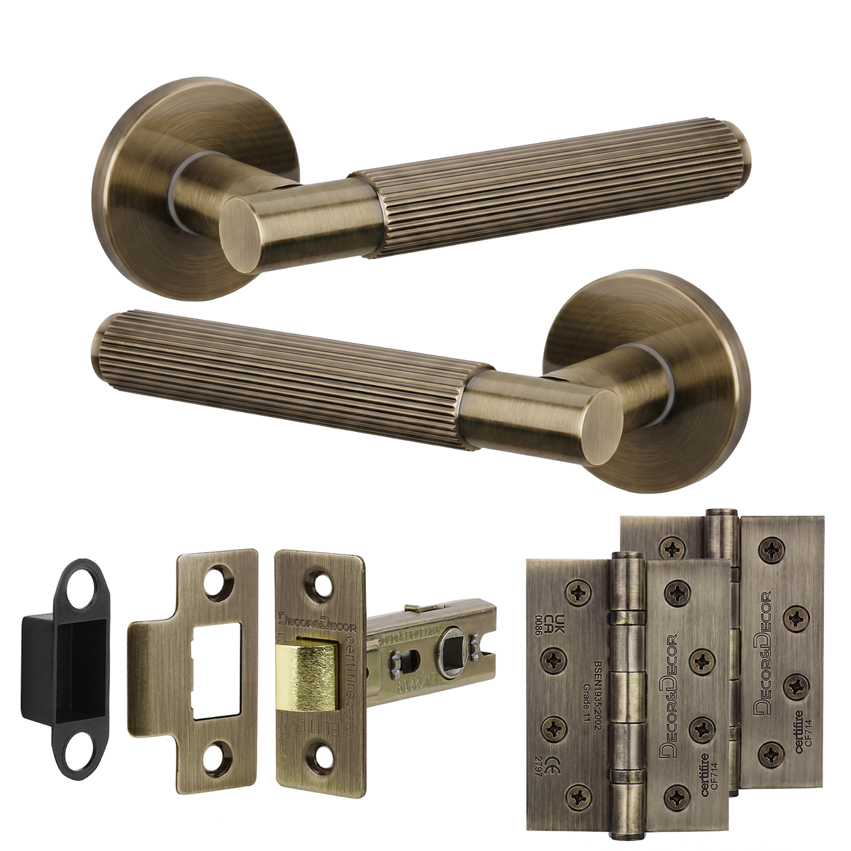 Hera Antique Brass Passage Door Lever Handles - Hinge Kit 102mm