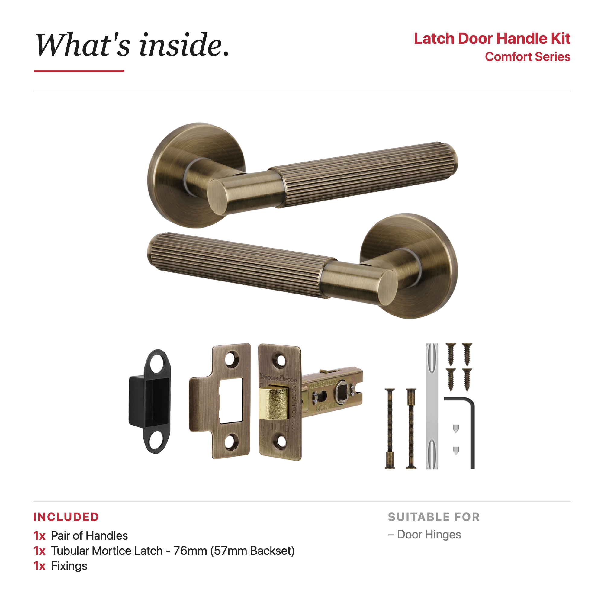 Hera Antique Brass Passage Door Lever Handles – showing what's included in the box