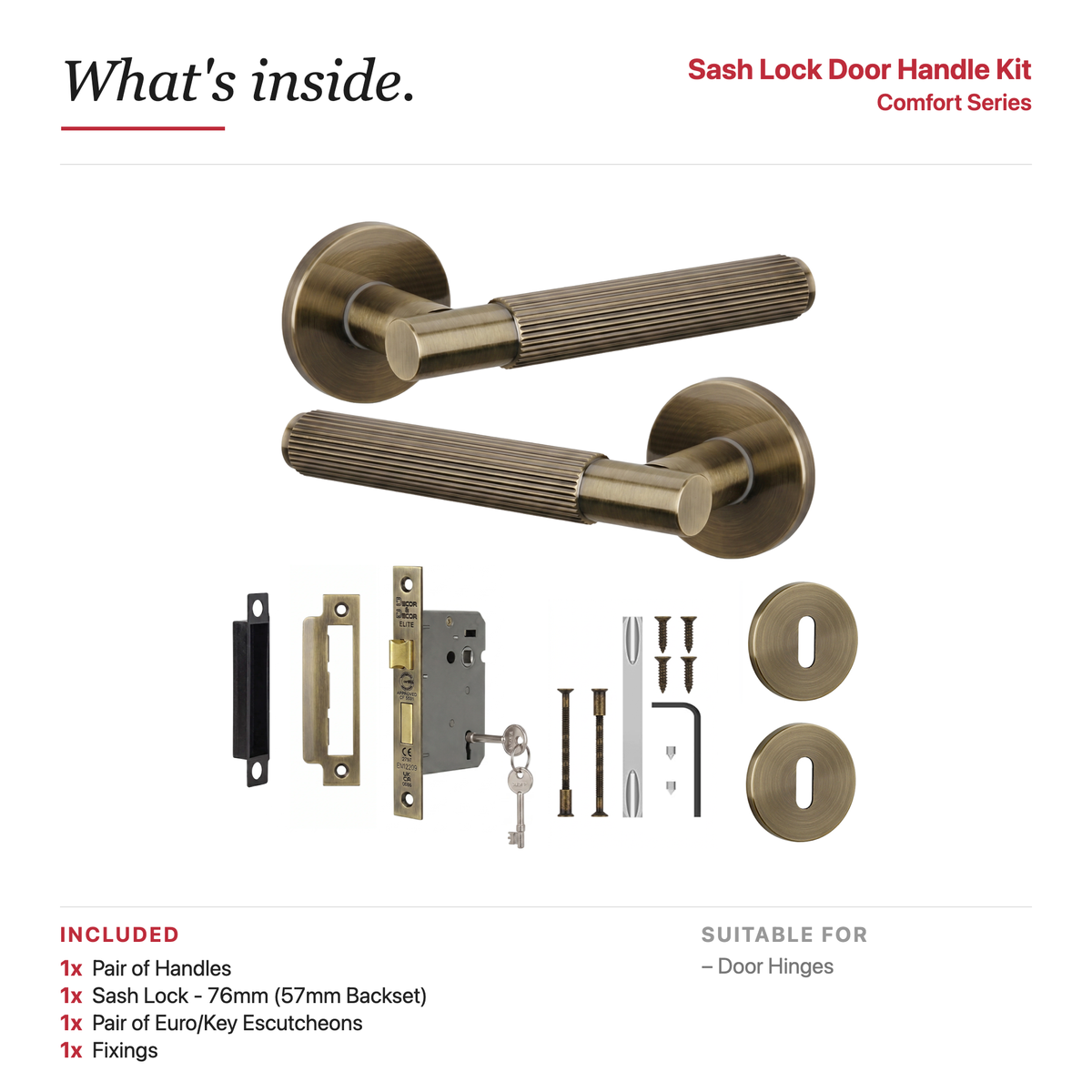 Hera Antique Brass Privacy Door Lever Handles – showing what's included in the box
