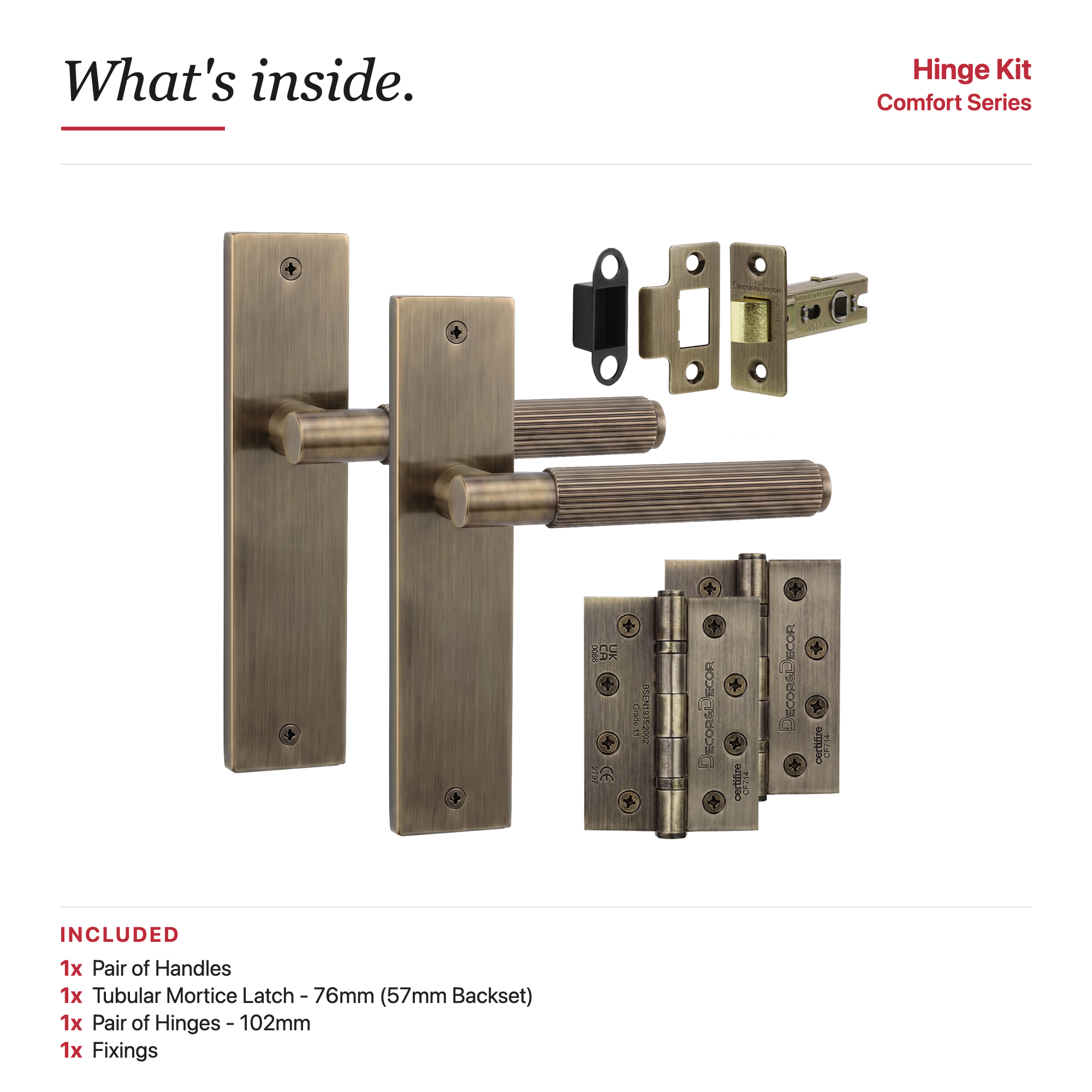 Hera Antique Brass Passage Door Lever Handles on Backplate – showing what's included in the box
