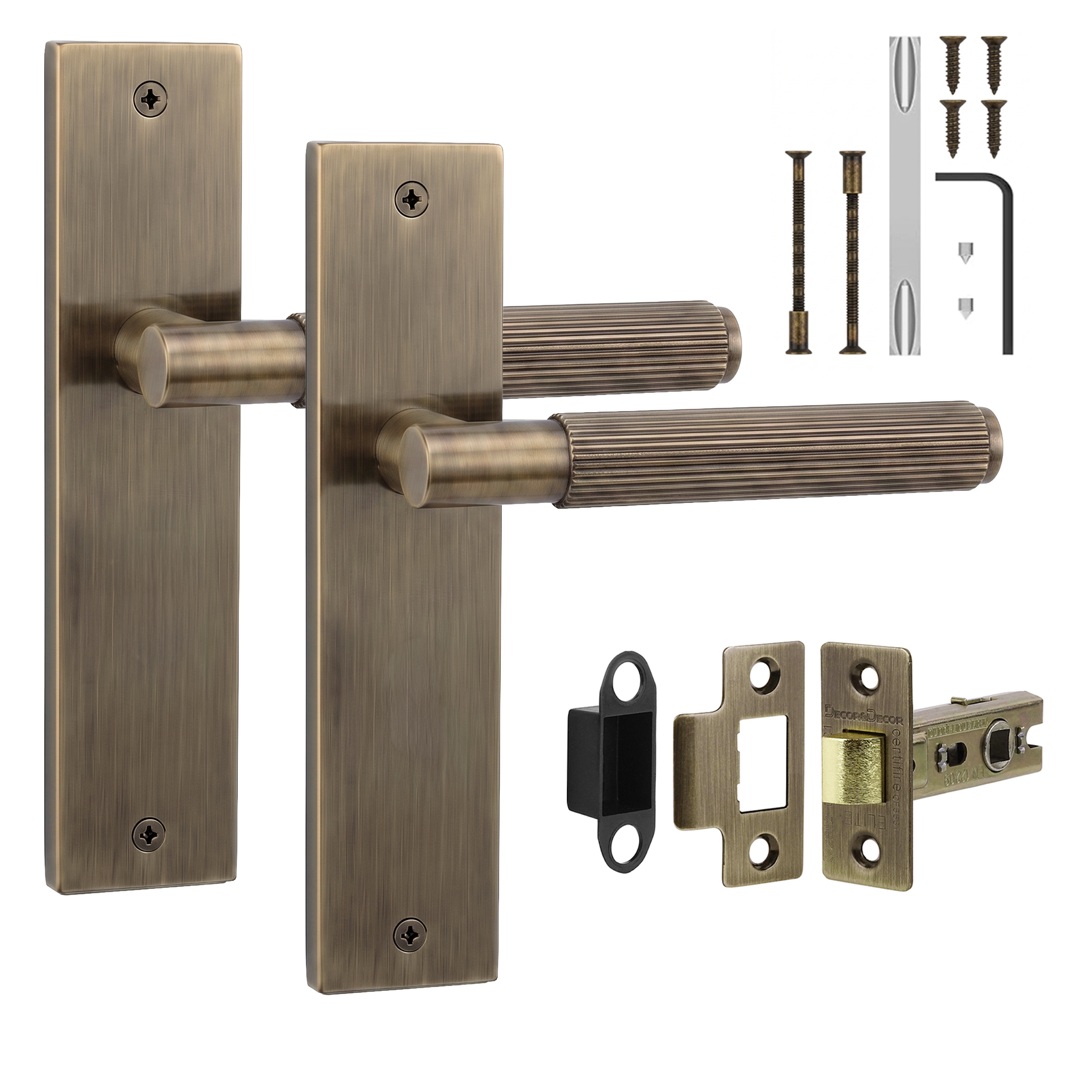 Hera Antique Brass Passage Door Lever Handles on Backplate - Latch Kit 76mm