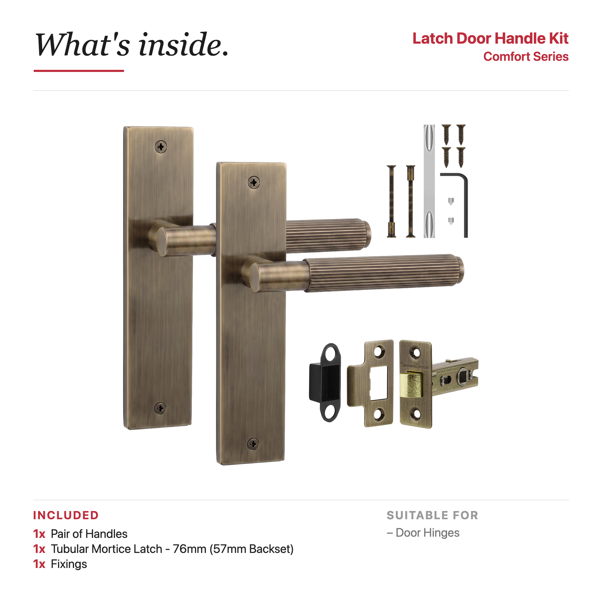 Hera Antique Brass Passage Door Lever Handles on Backplate – showing what's included in the box