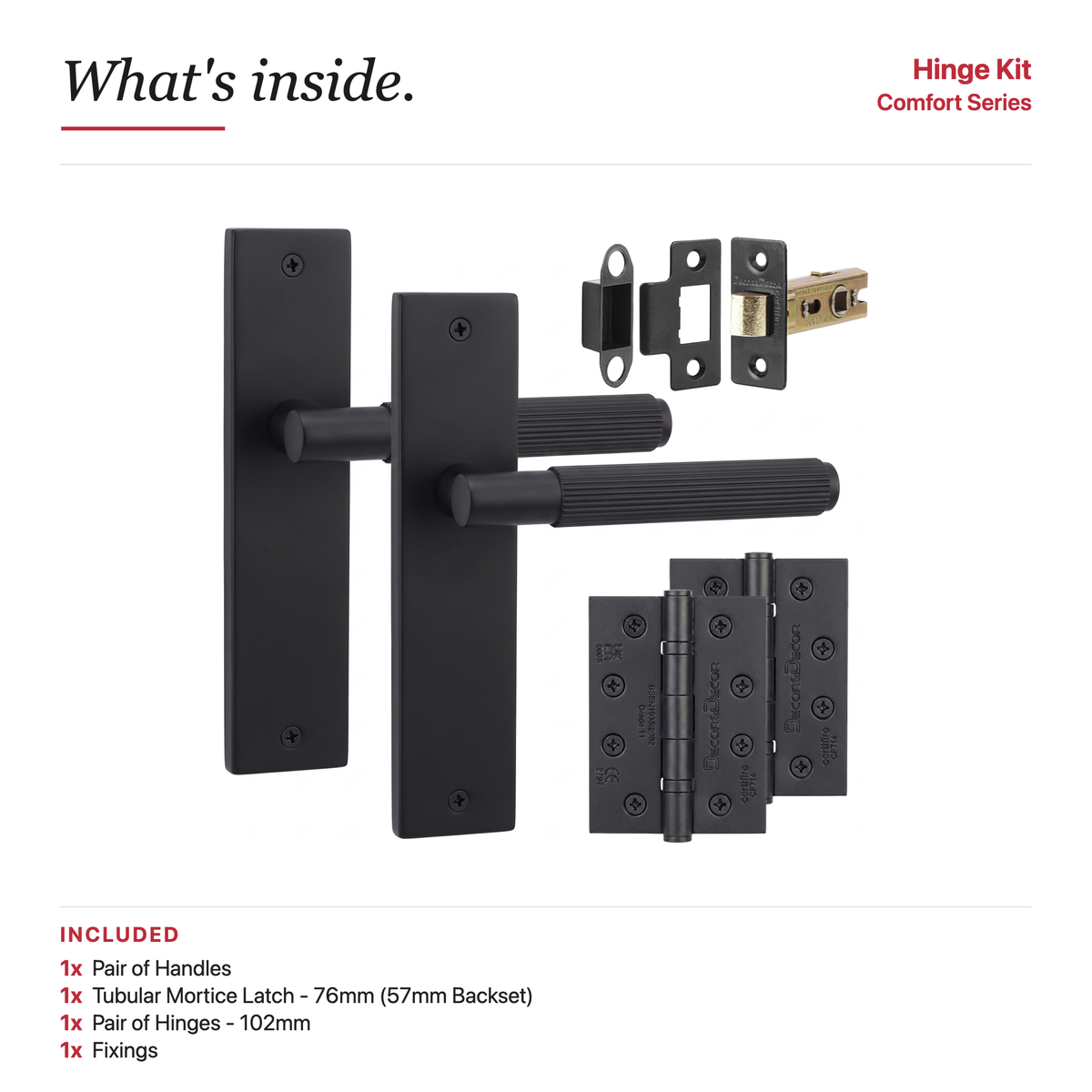 Hera Matt Black Passage Door Lever Handles on Backplate – showing what's included in the box