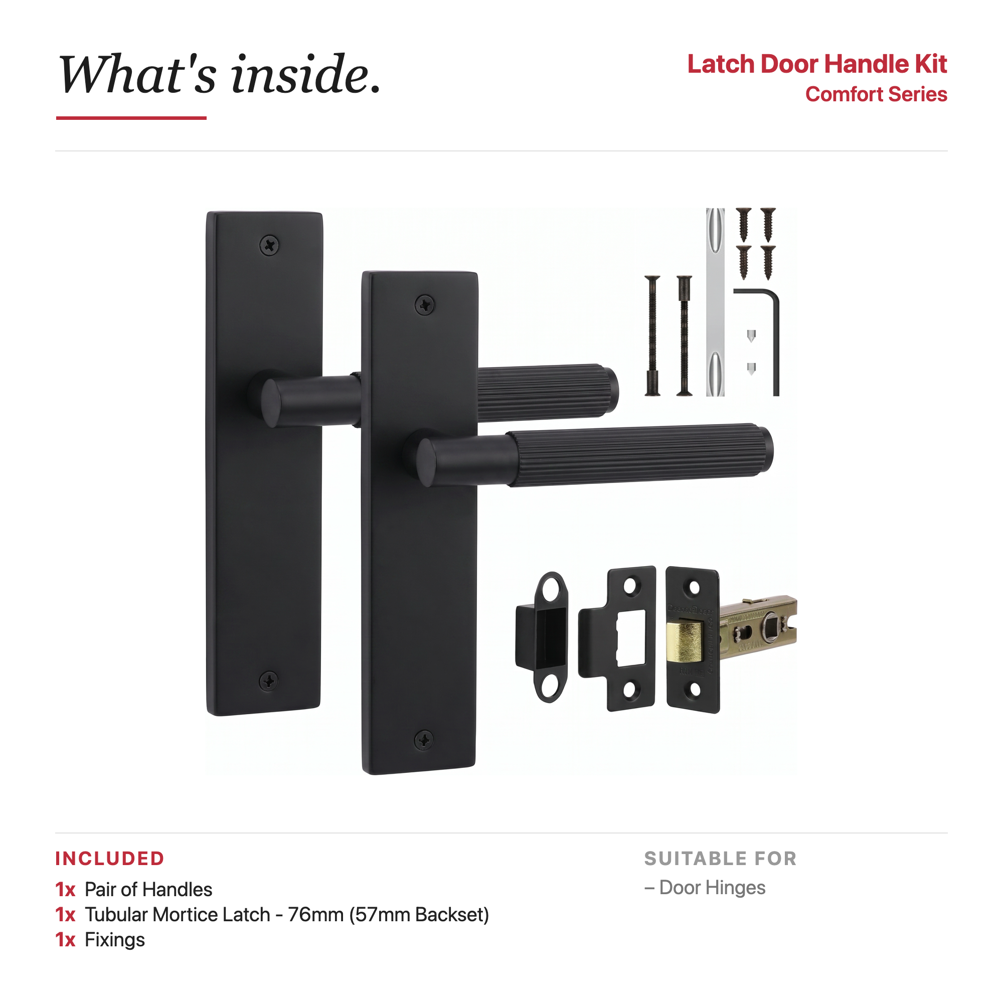 Hera Matt Black Passage Door Lever Handles on Backplate – showing what's included in the box