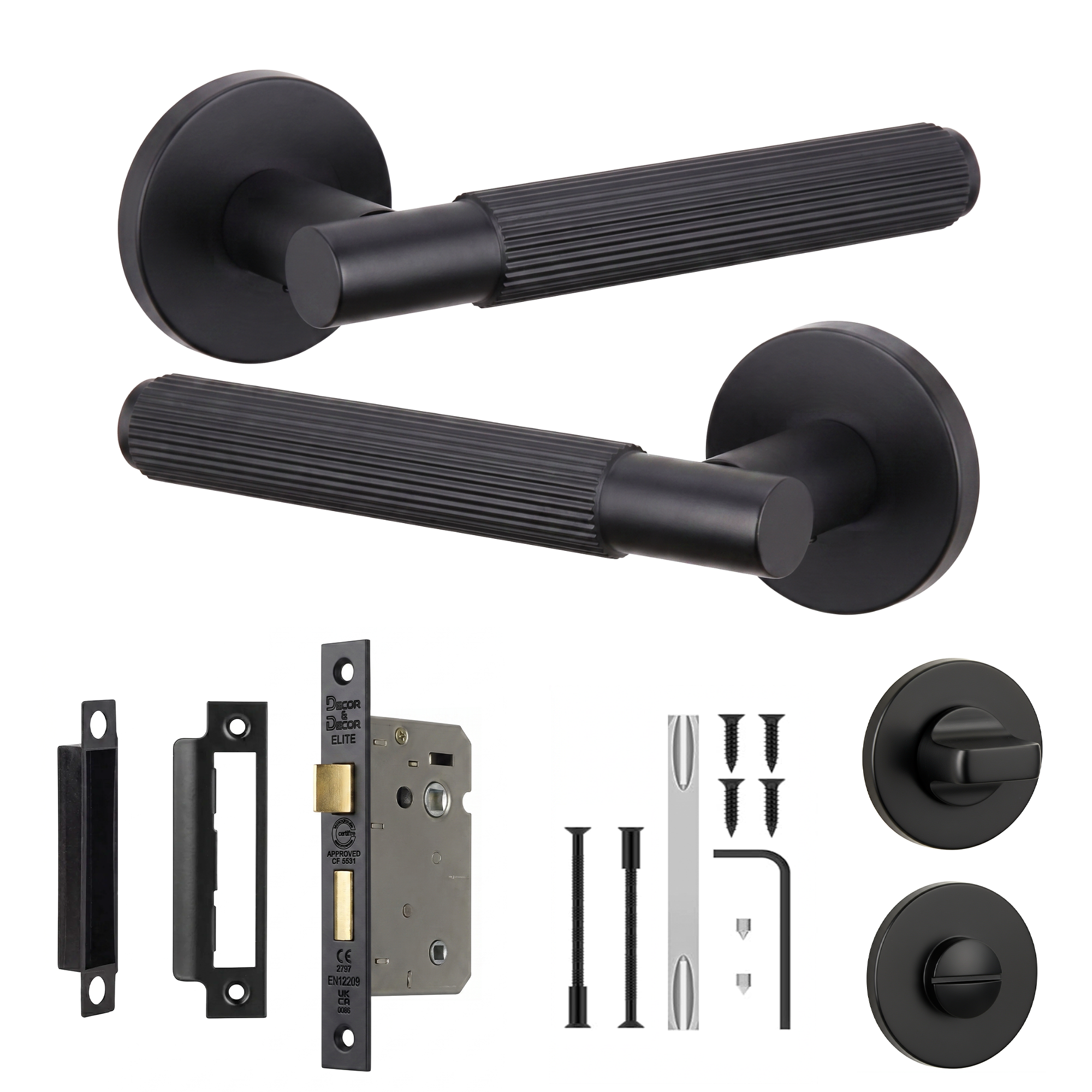 Hera Matt Black Bathroom Door Lever Handles - Bathroom Kit 76mm