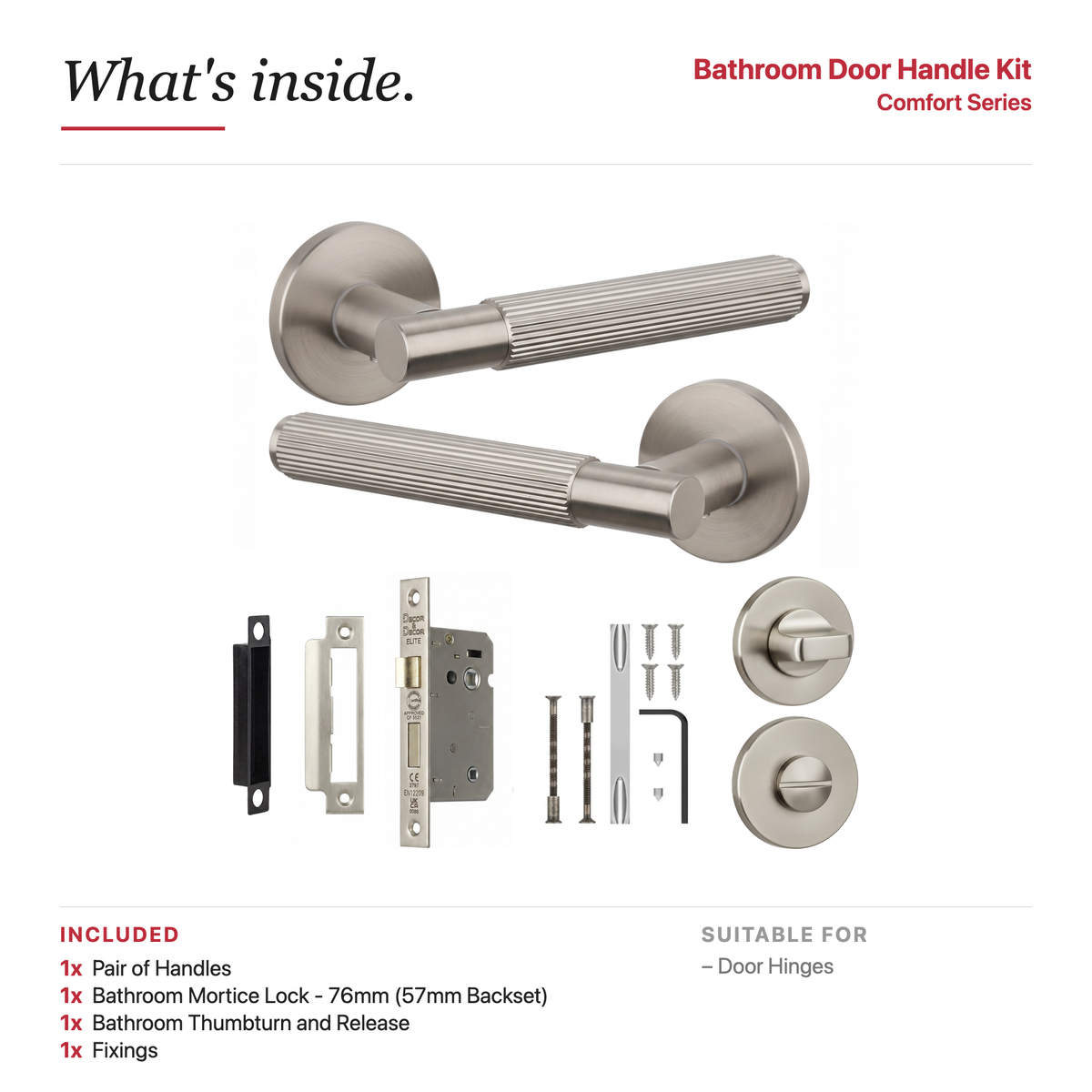 Hera Satin Nickel Bathroom Door Lever Handles – showing what's included in the box