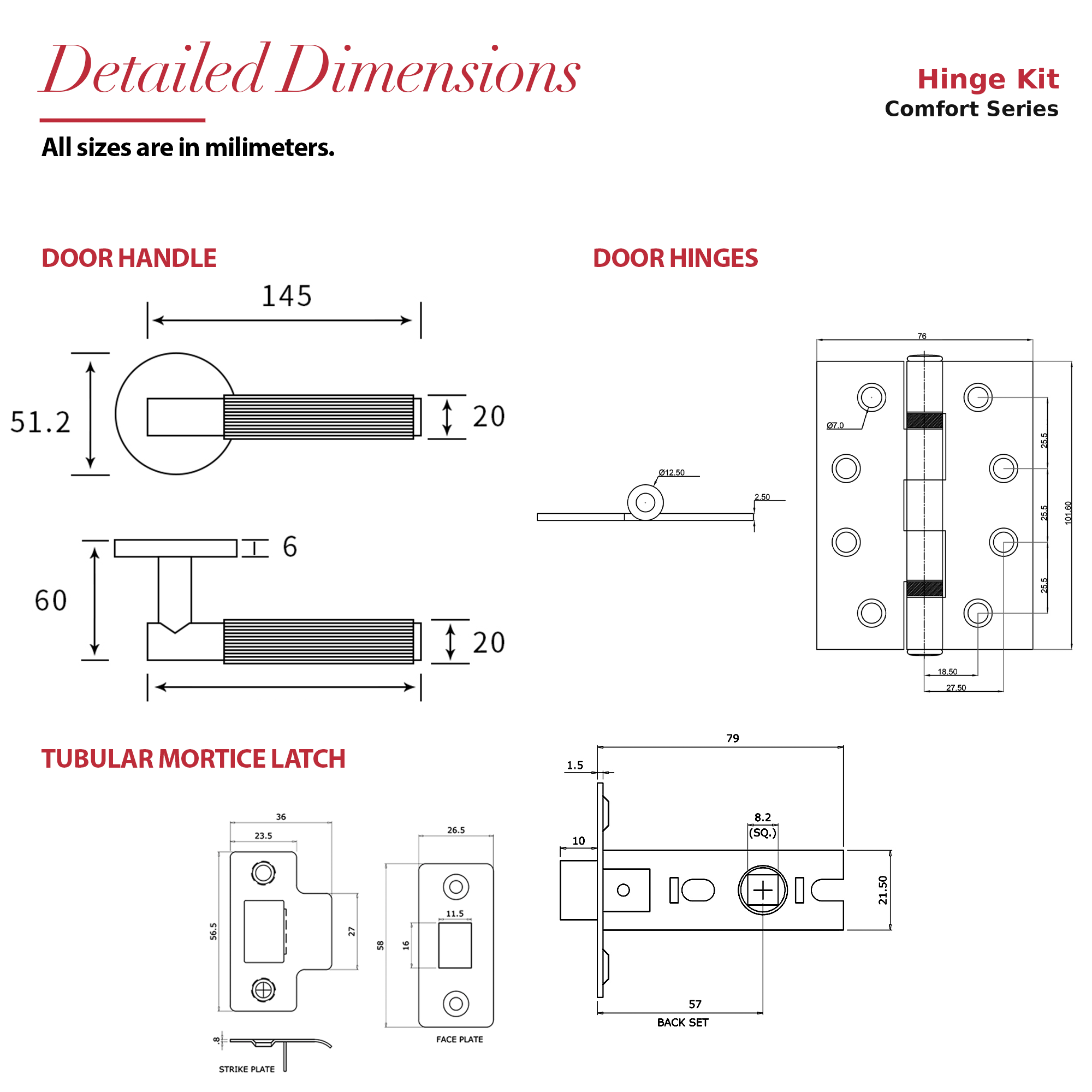 Hera Satin Nickel Passage Door Lever Handles – dimensions and measurements diagram