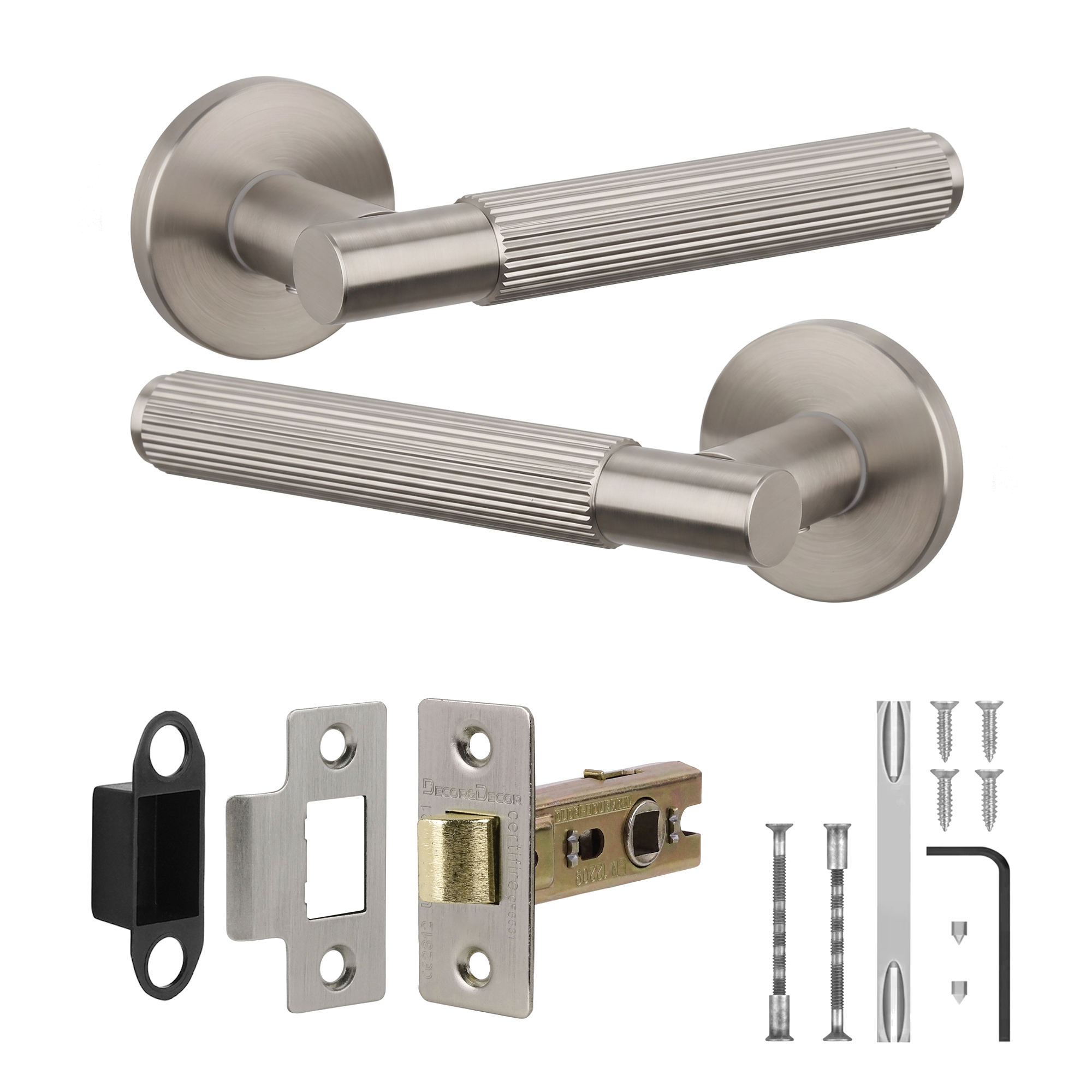 Hera Satin Nickel Passage Door Lever Handles - Latch Kit 76mm