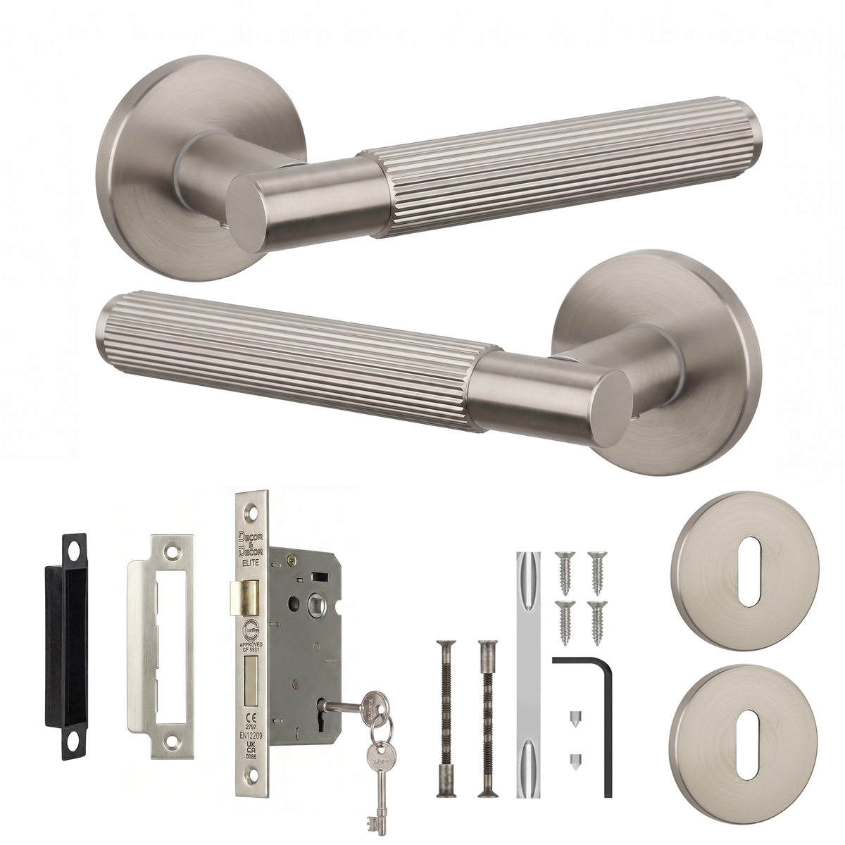 Hera Satin Nickel Privacy Door Lever Handles - Sash Lock Kit 76mm