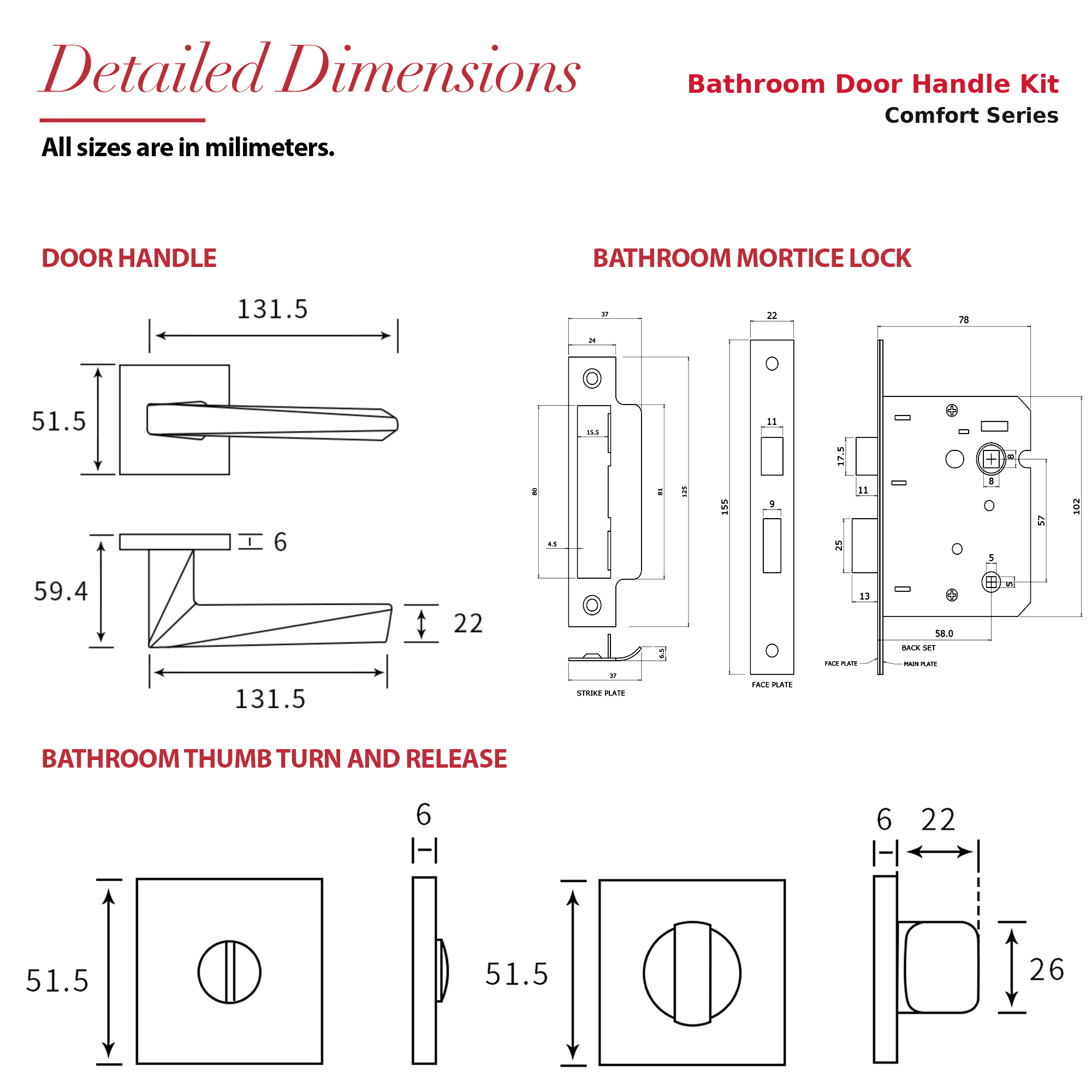 Leda Antique Brass Bathroom Door Lever Handles – dimensions and measurements diagram