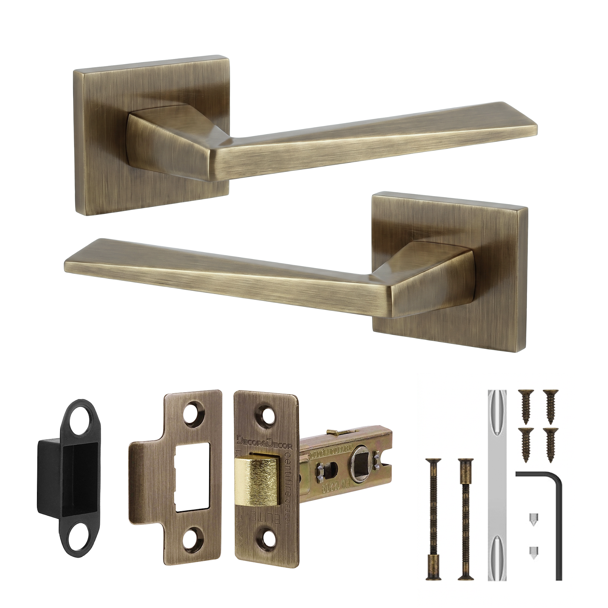 Leda Antique Brass Passage Door Lever Handles - Latch Kit 76mm