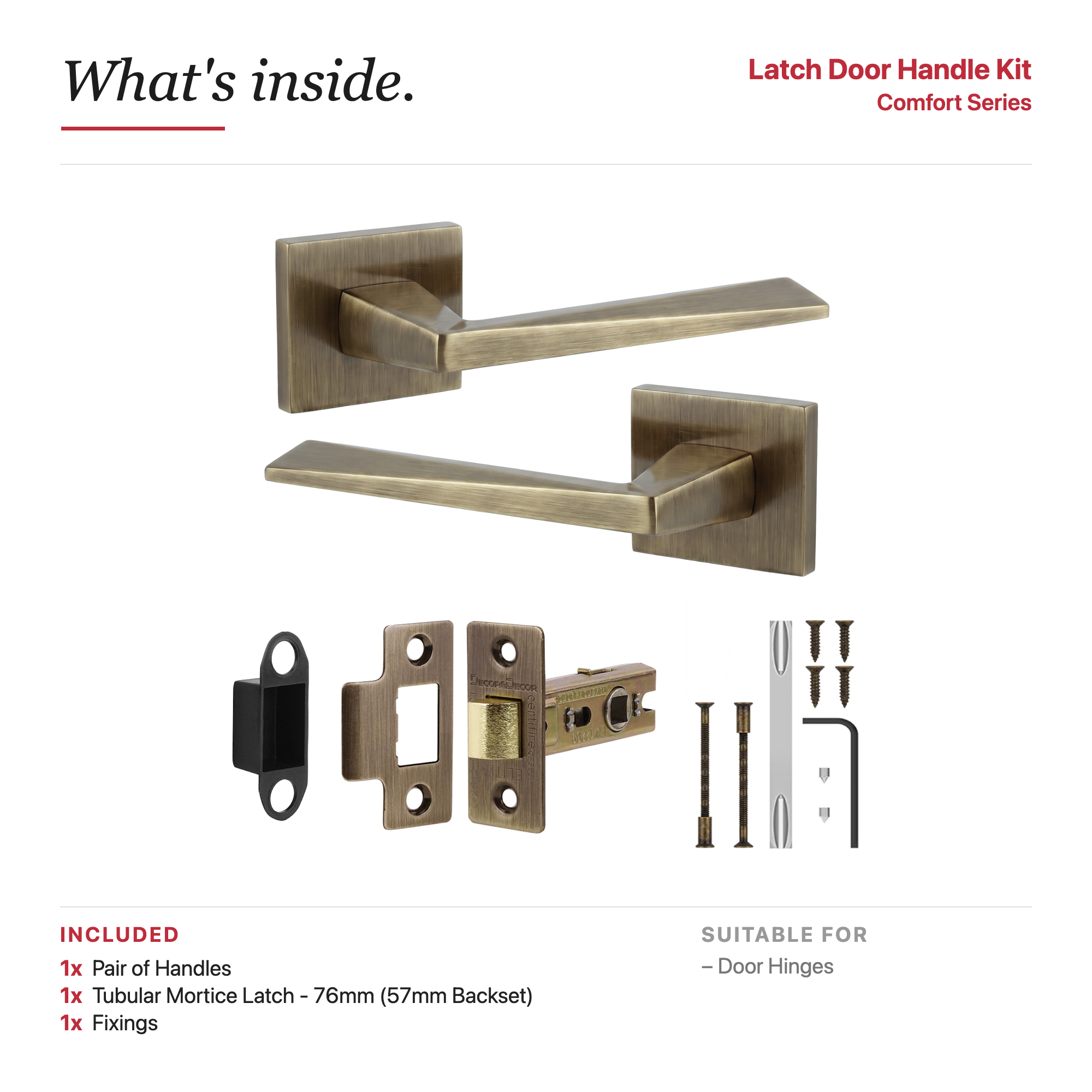 Leda Antique Brass Passage Door Lever Handles – showing what's included in the box