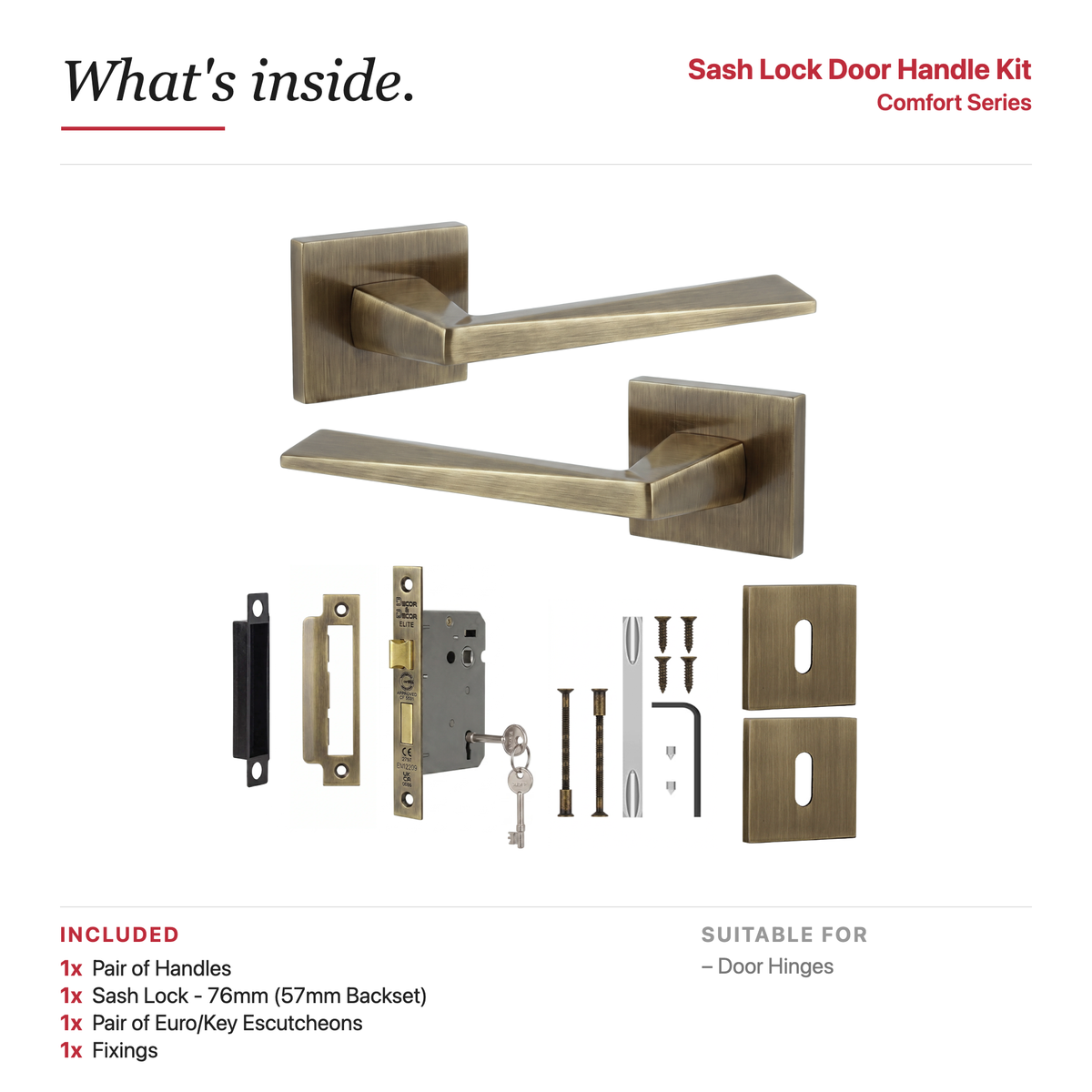 Leda Antique Brass Privacy Door Lever Handles – showing what's included in the box