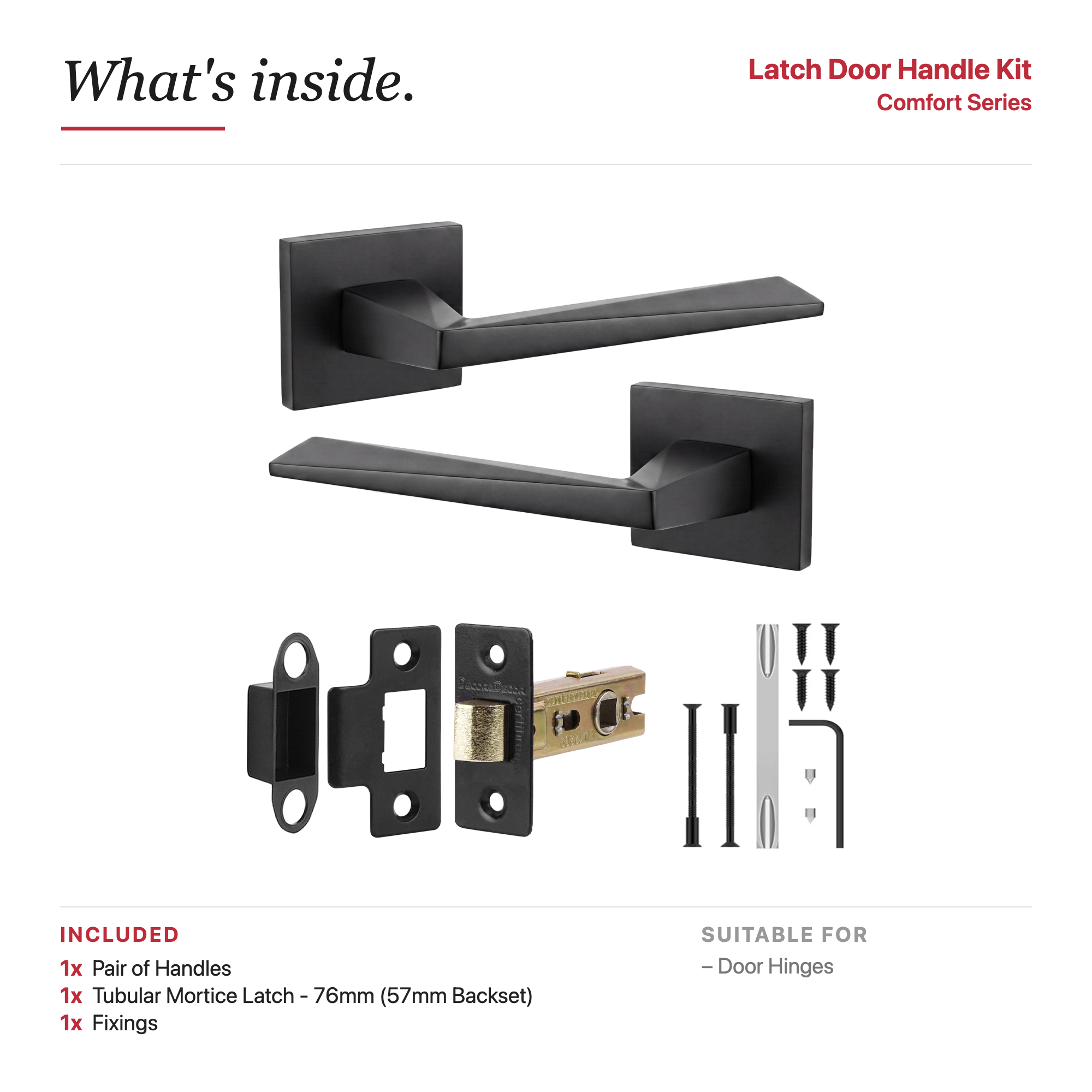 Leda Matt Black Passage Door Lever Handles – showing what's included in the box