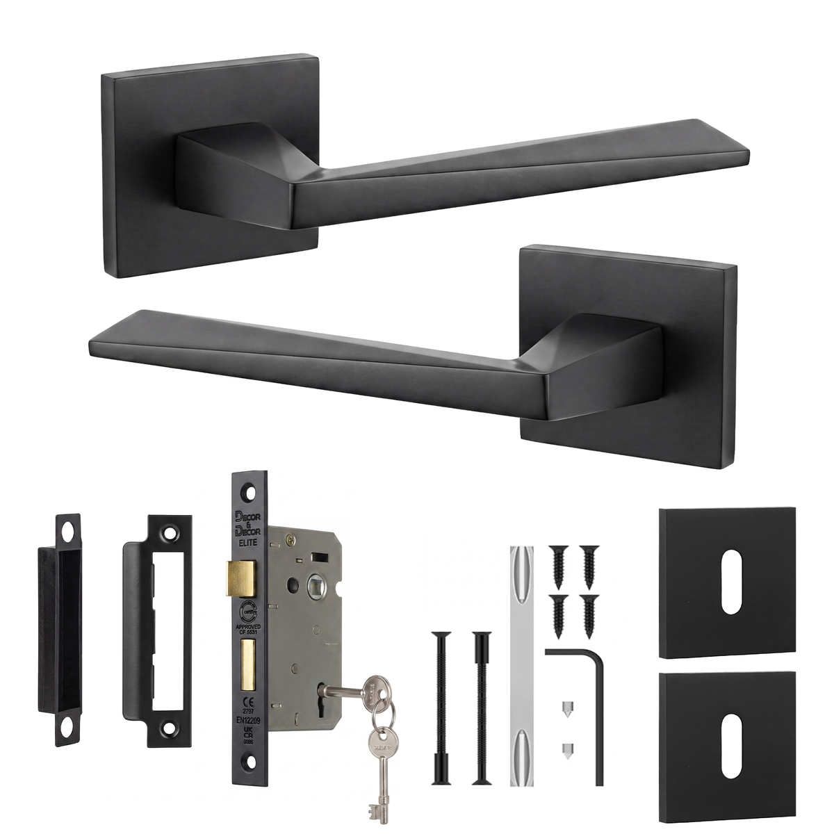 Leda Matt Black Privacy Door Lever Handles - Sash Lock Kit 76mm