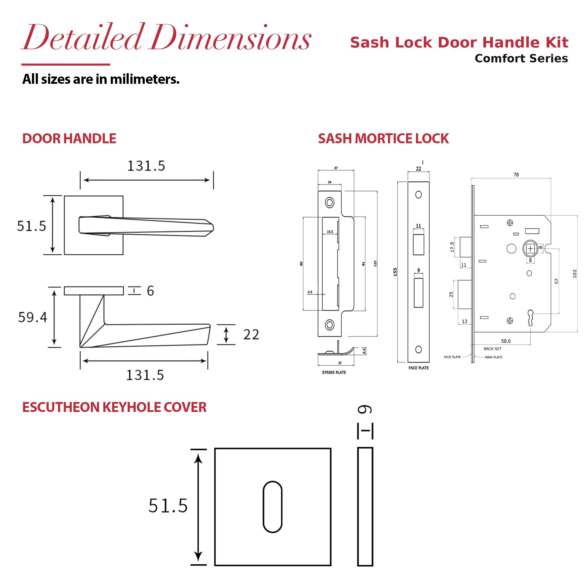 Leda Matt Black Privacy Door Lever Handles – dimensions and measurements diagram