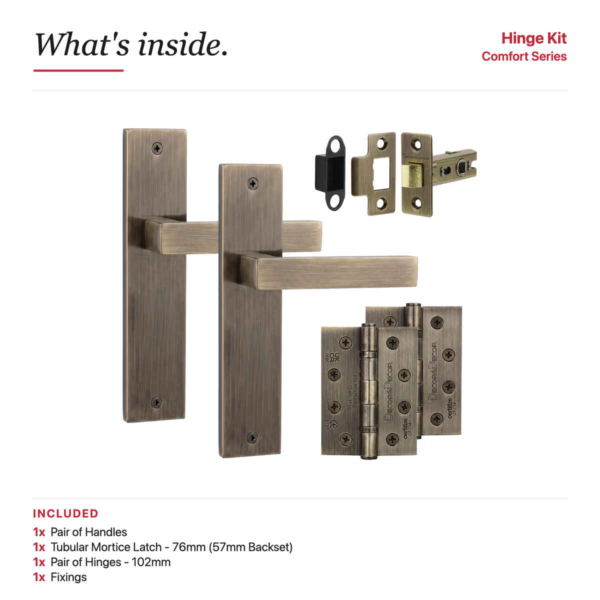 Lumina Antique Brass Passage Door Lever Handles on Backplate – showing what's included in the box