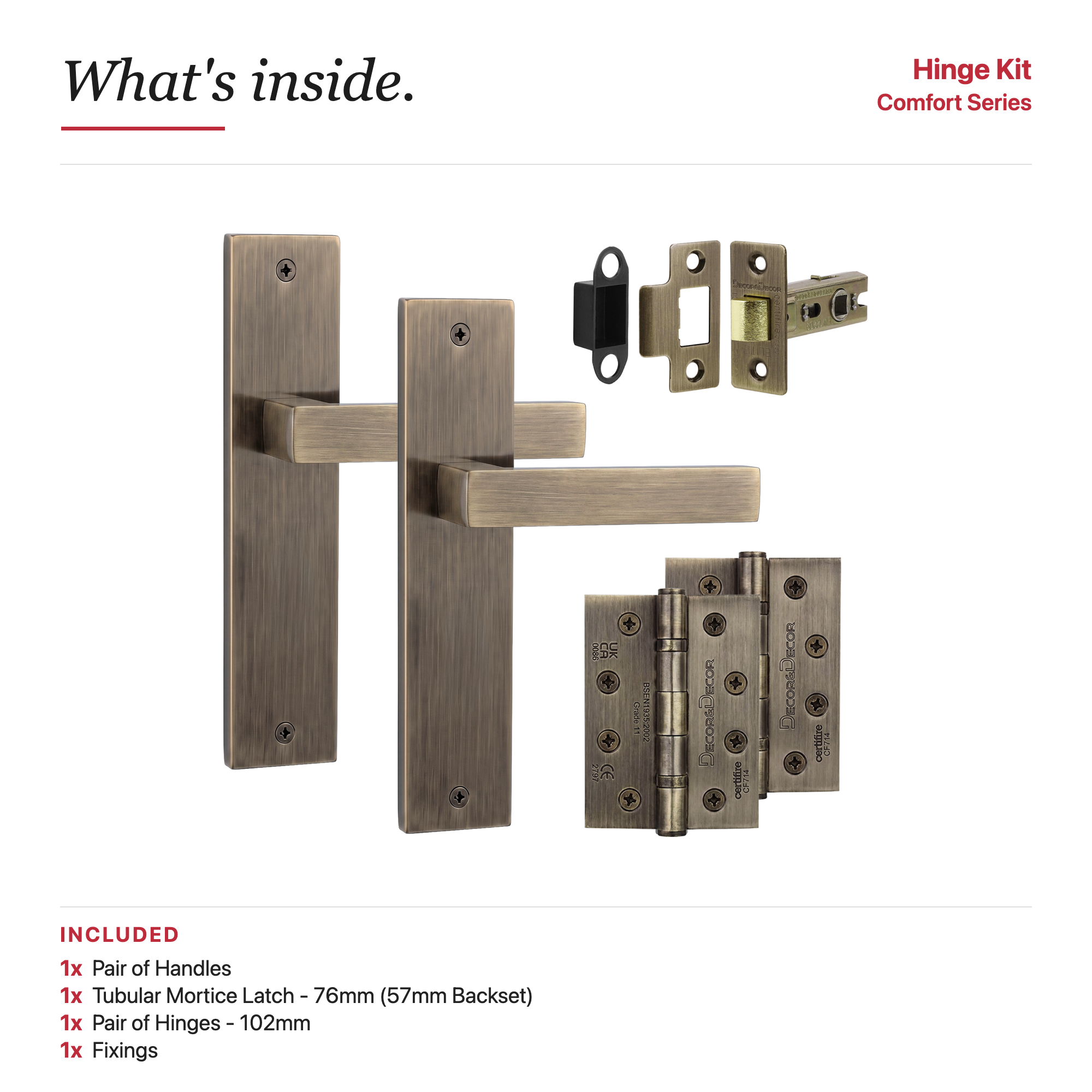 Lumina Antique Brass Passage Door Lever Handles on Backplate – showing what's included in the box