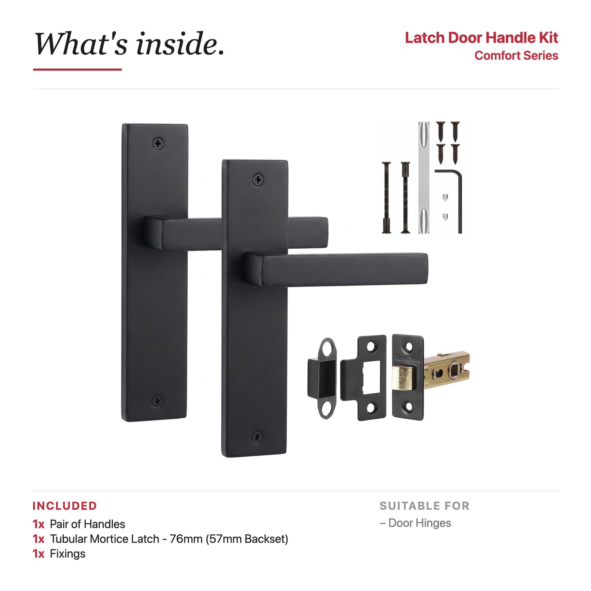 Lumina Matt Black Passage Door Lever Handles on Backplate – showing what's included in the box