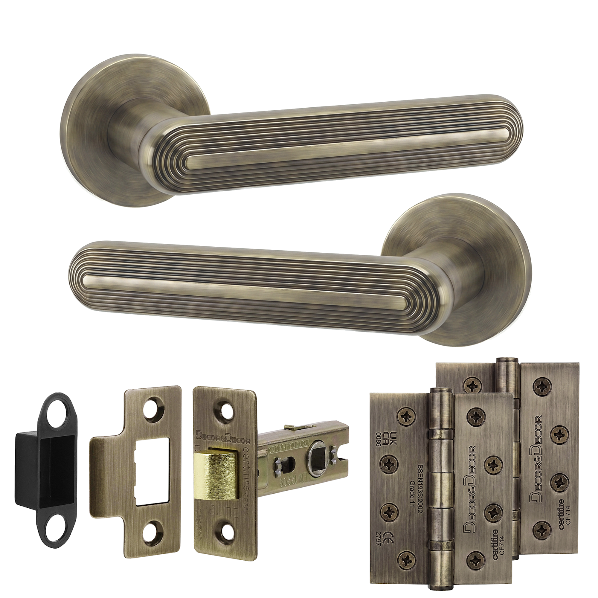 Marin Antique Brass Passage Door Lever Handles - Hinge Kit 102mm - Decor And Decor